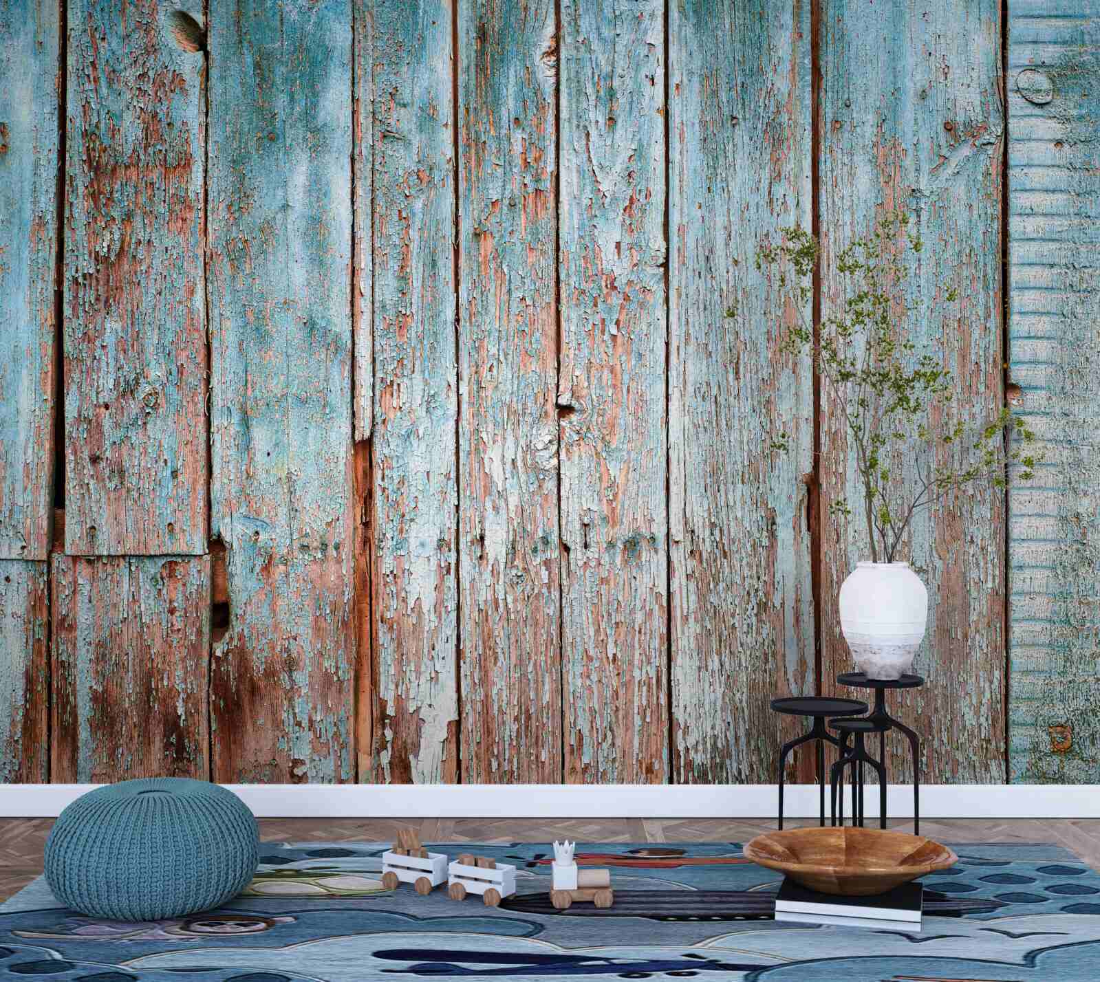 Fototapeta tło wykonane ze starych belek w odcieniach szarości i błękitu