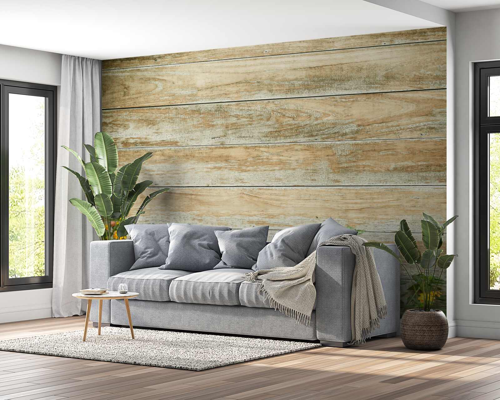 Fototapeta na tle parkietu w otoczeniu zieleni widnieją żółte kwiaty