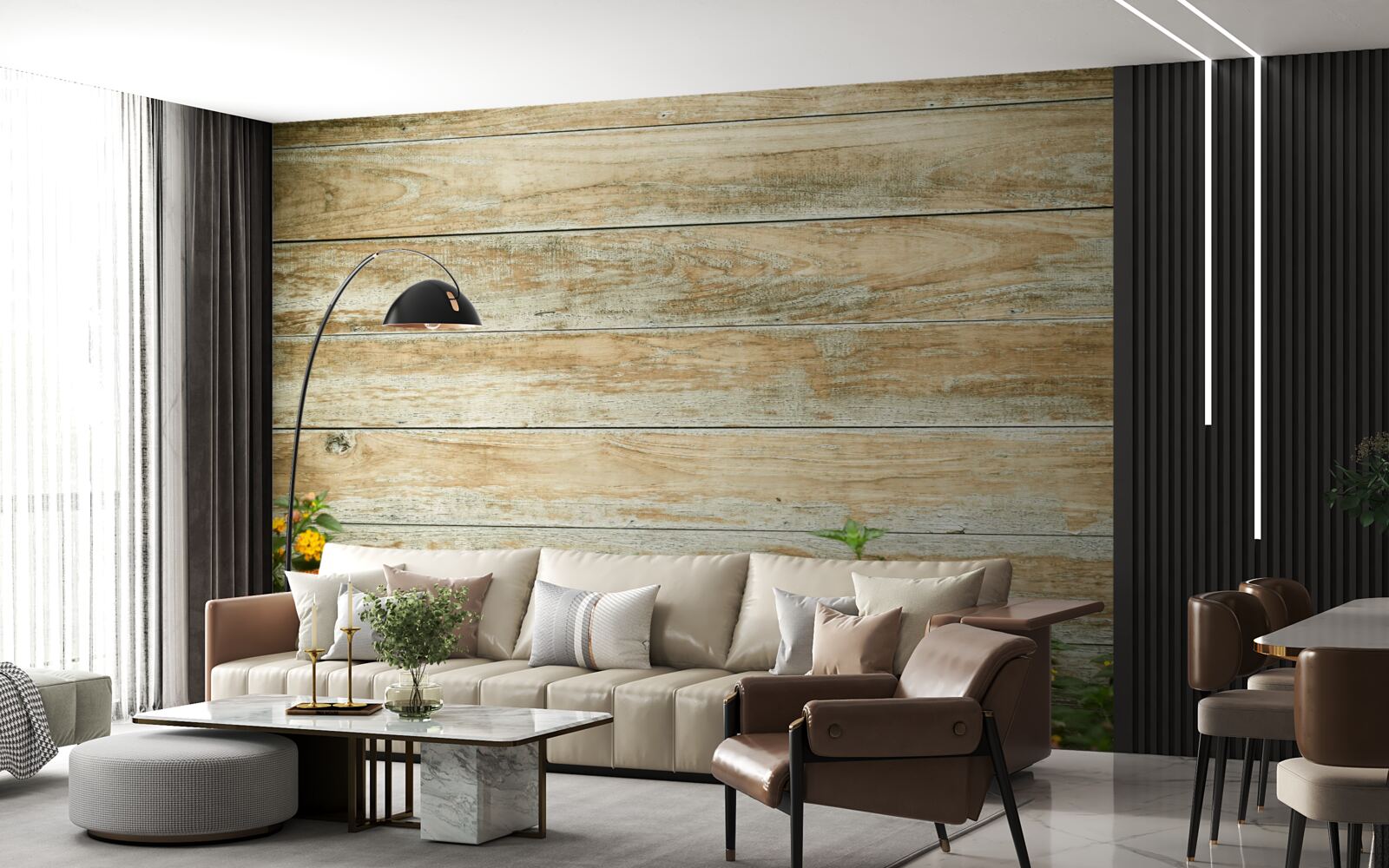 Fototapeta na tle parkietu w otoczeniu zieleni widnieją żółte kwiaty