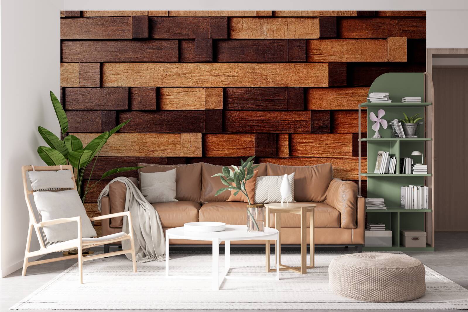 Fototapeta Ściana zmontowana z drewnianych belek w odcieniach ciemnobrązowego i jasnobrązowego