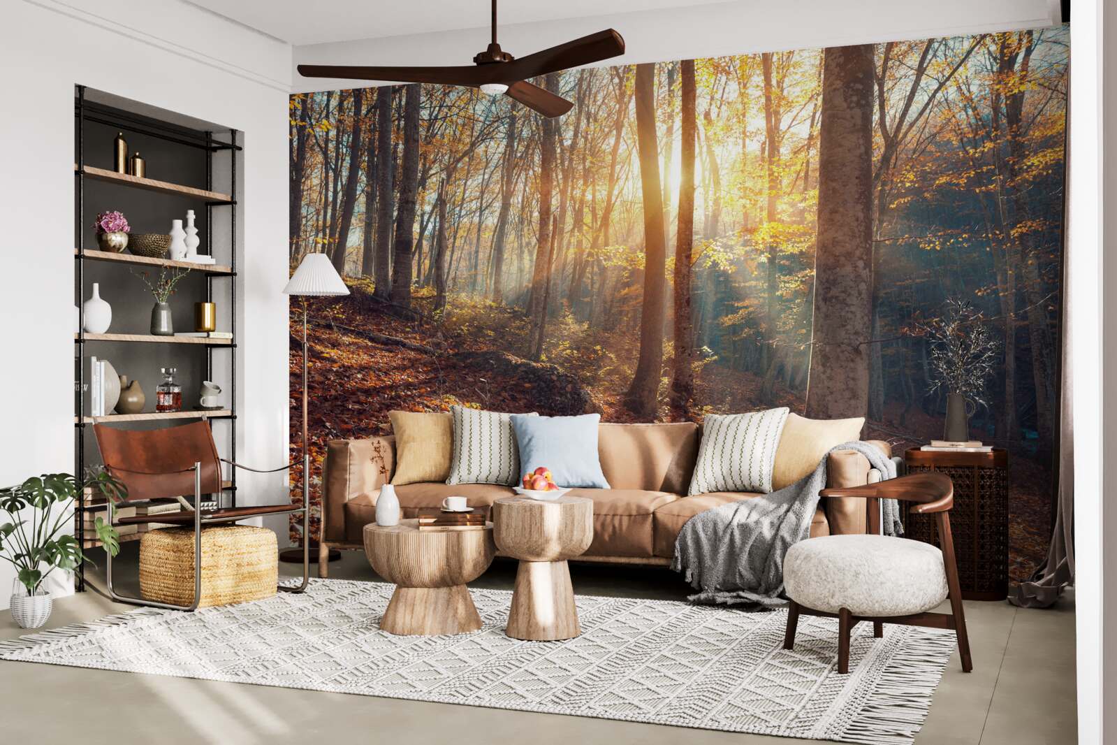 Fototapeta poranny las spowity mgłą doświadcza ciepła słońca