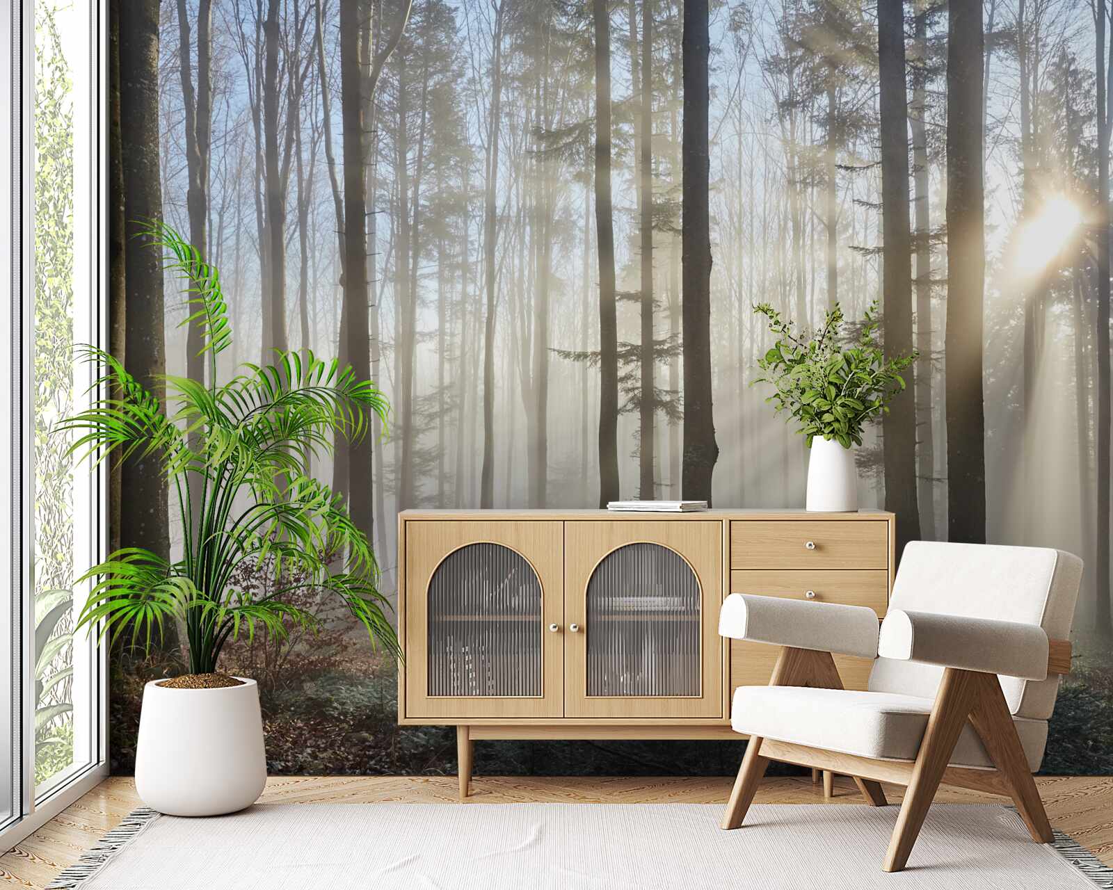 Fototapeta promienie słońca przebijają mgłę w gąszczu drzew