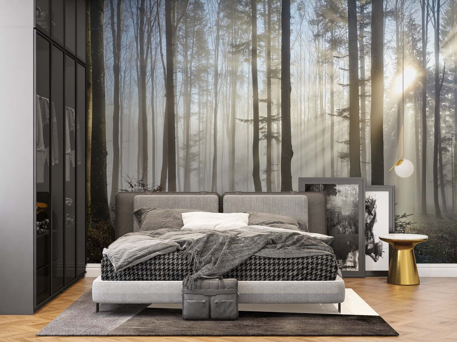 Fototapeta promienie słońca przebijają mgłę w gąszczu drzew