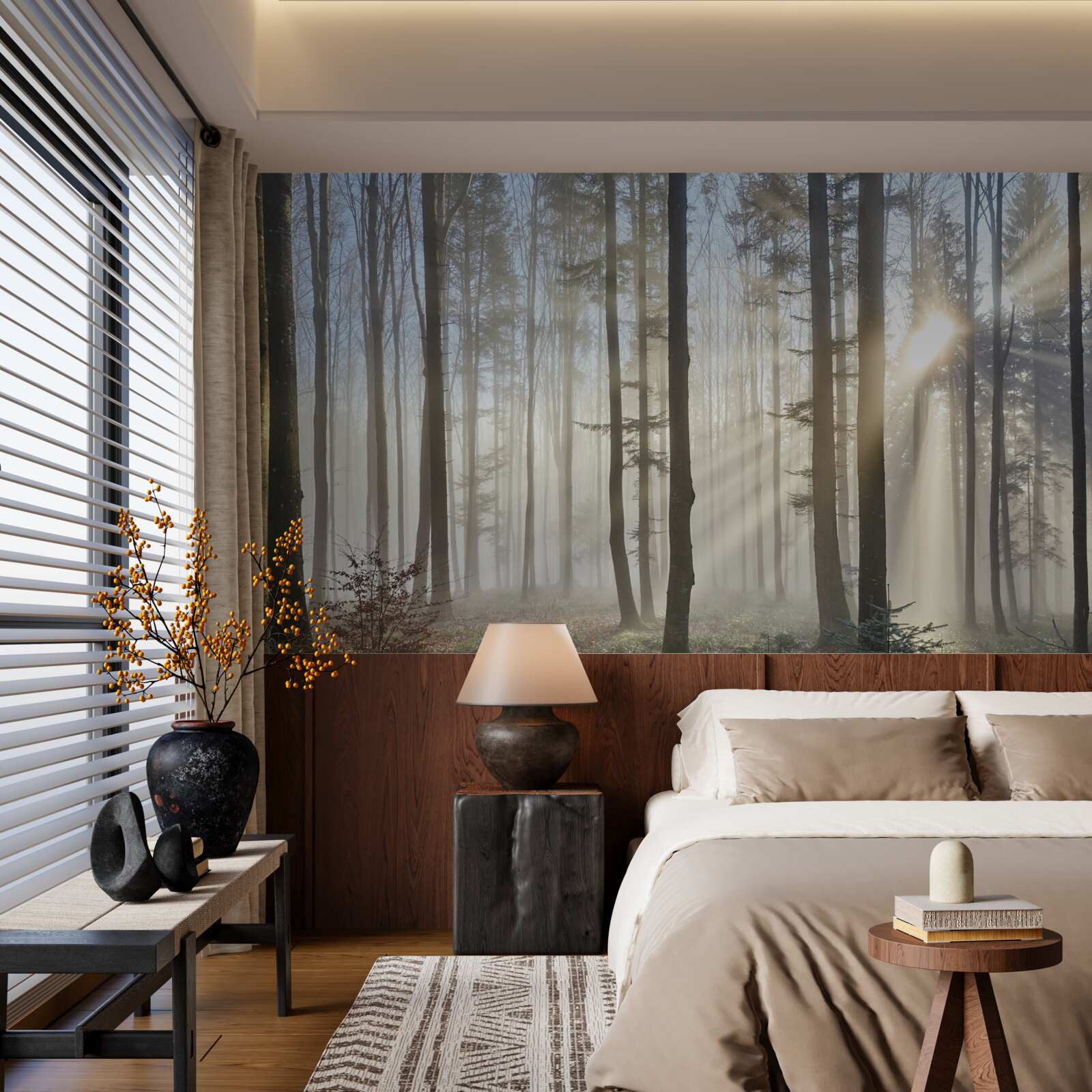 Fototapeta promienie słońca przebijają mgłę w gąszczu drzew