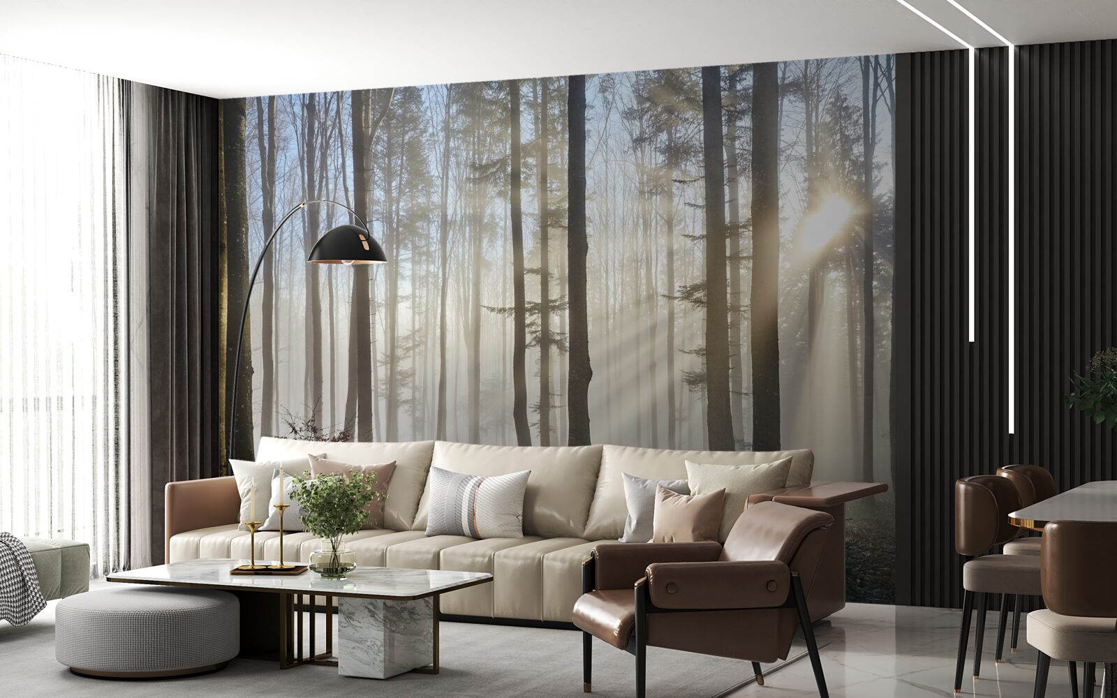 Fototapeta promienie słońca przebijają mgłę w gąszczu drzew