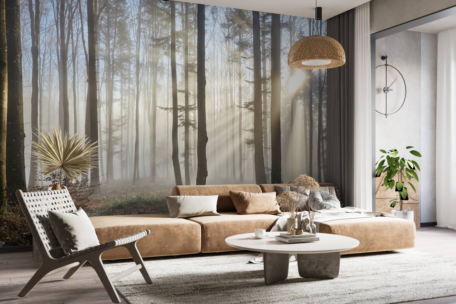 Fototapeta promienie słońca przebijają mgłę w gąszczu drzew