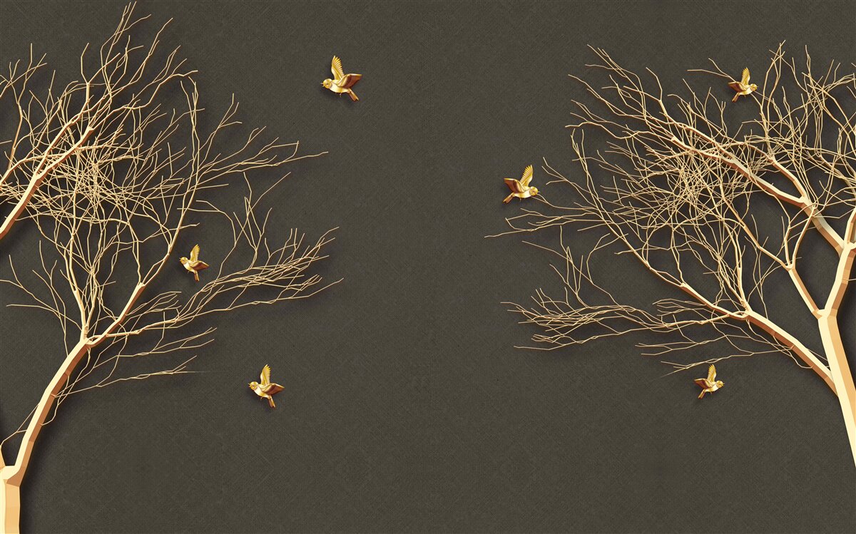 Fototapeta złote drzewa i motyle na tle ciemności nocnego nieba