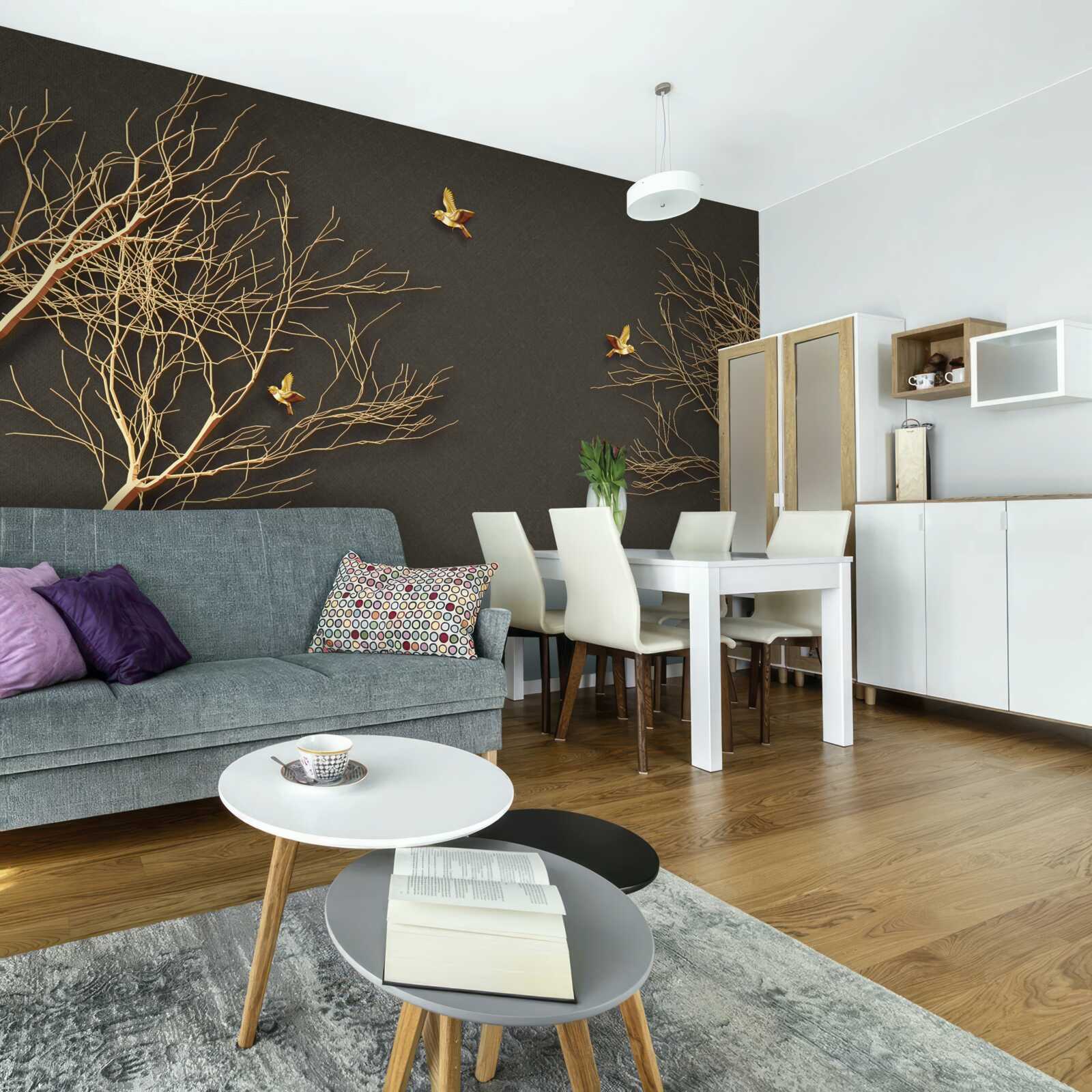 Fototapeta złote drzewa i motyle na tle ciemności nocnego nieba