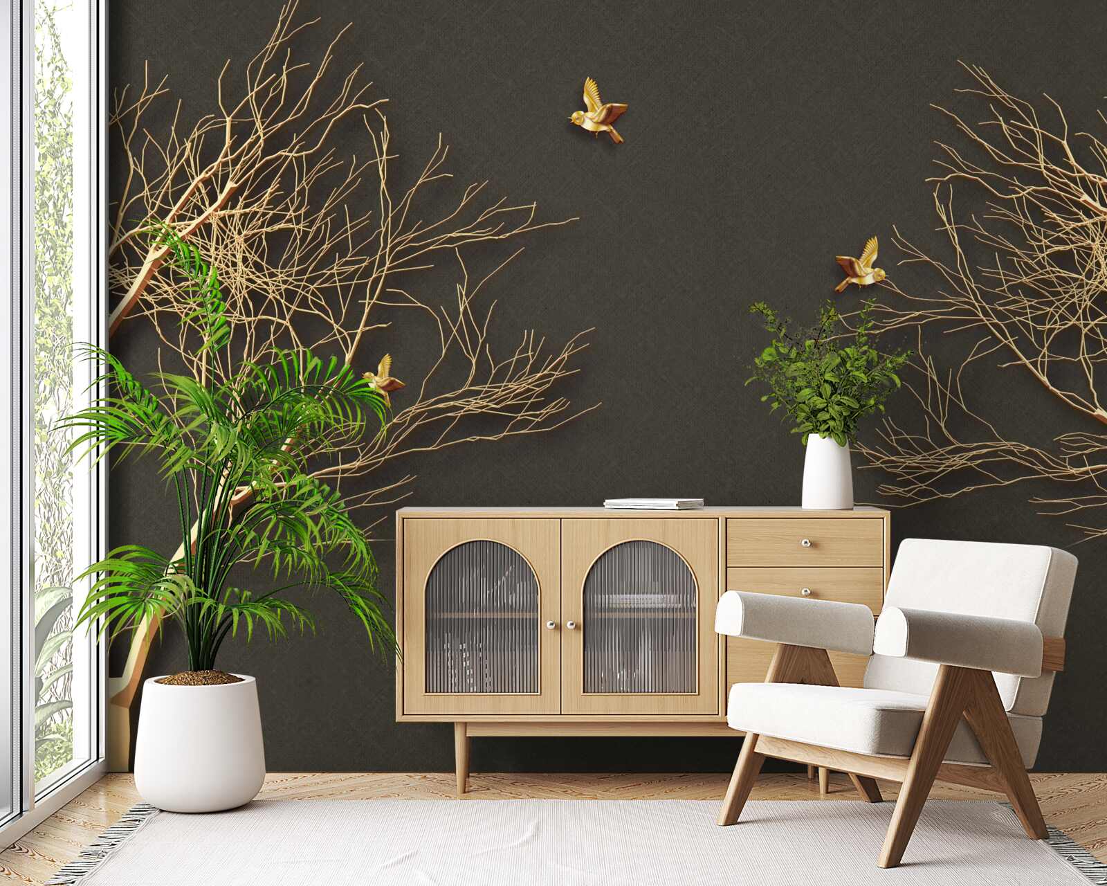 Fototapeta złote drzewa i motyle na tle ciemności nocnego nieba