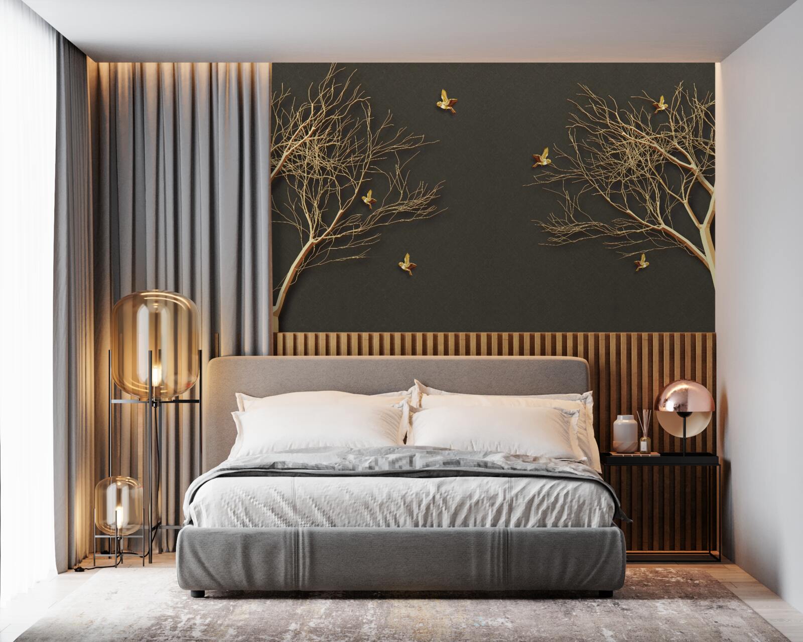 Fototapeta złote drzewa i motyle na tle ciemności nocnego nieba