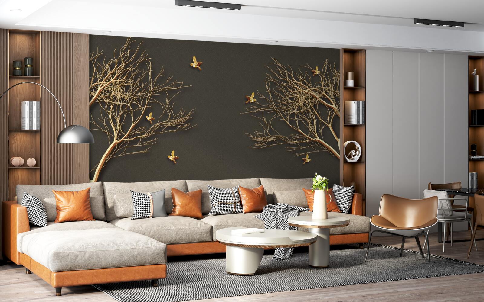 Fototapeta złote drzewa i motyle na tle ciemności nocnego nieba