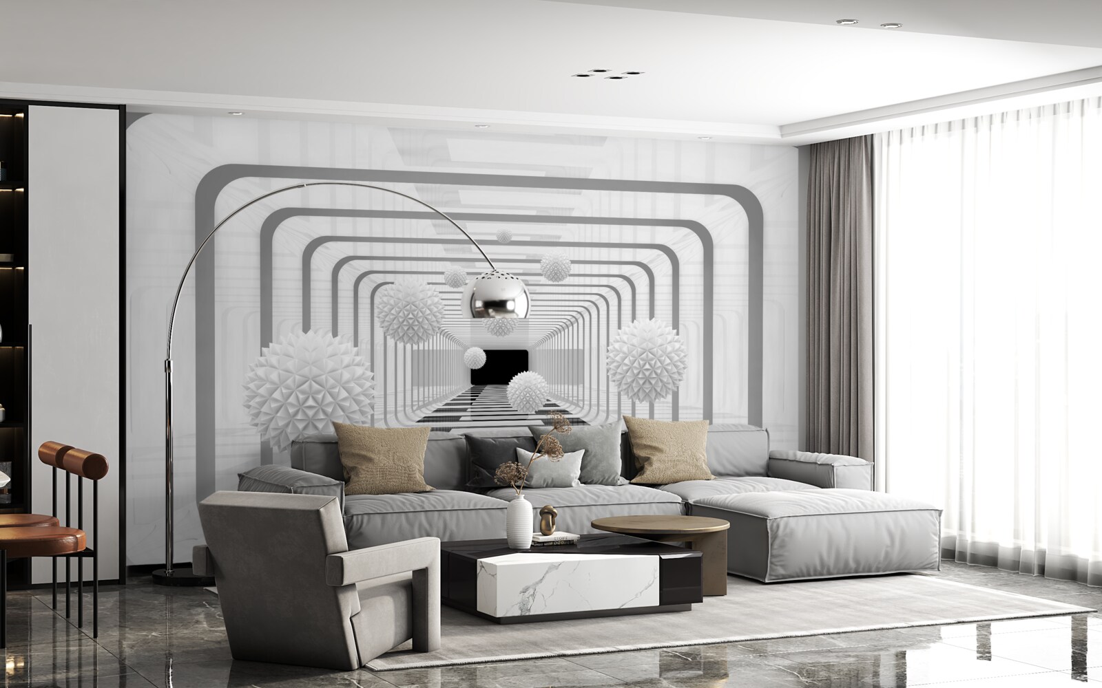 Fototapeta nieskończoność z półkolami i alabastrowymi kulami