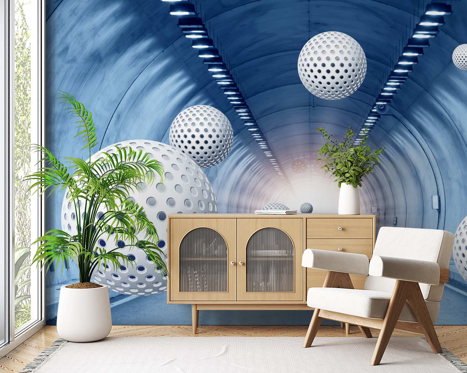 Fototapeta niebieskie przejście i białe kule