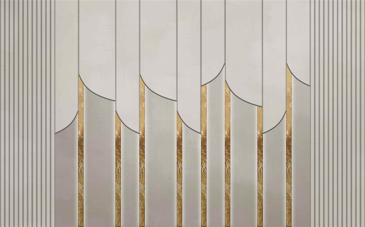 Fototapeta parkiet zdobiony złotem, wykonany z białych i szarych płyt drewnianych