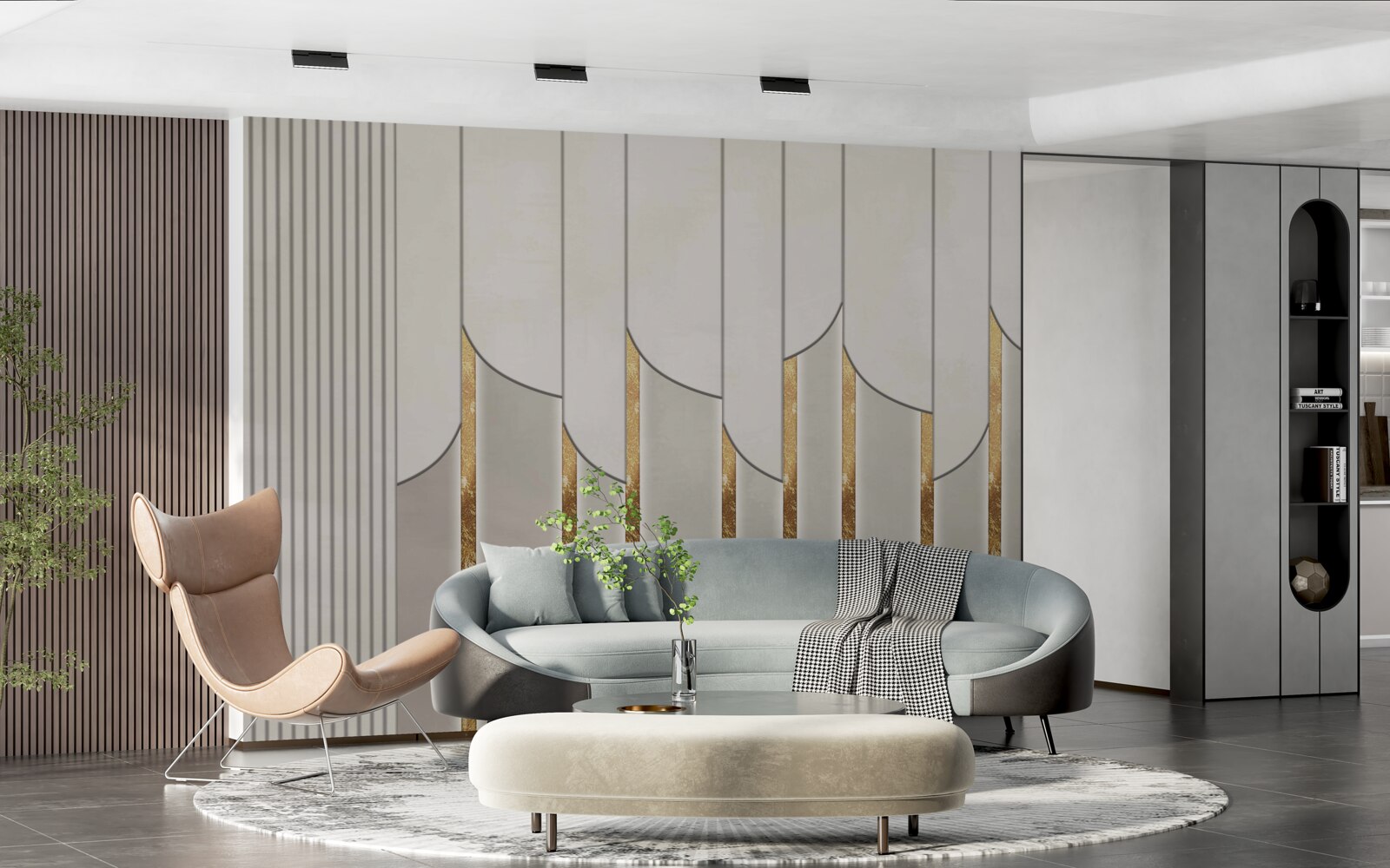 Fototapeta parkiet zdobiony złotem, wykonany z białych i szarych płyt drewnianych