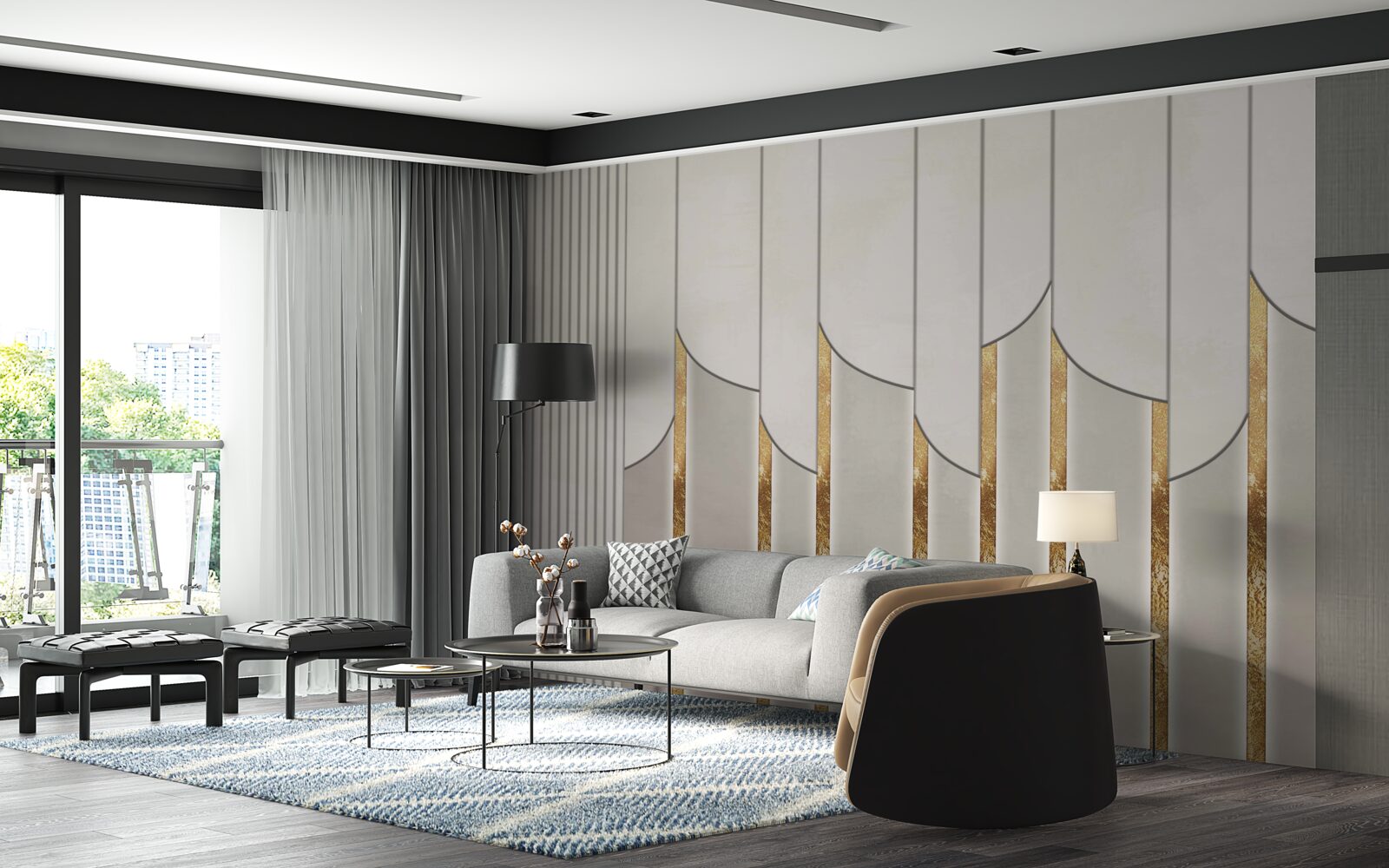 Fototapeta parkiet zdobiony złotem, wykonany z białych i szarych płyt drewnianych