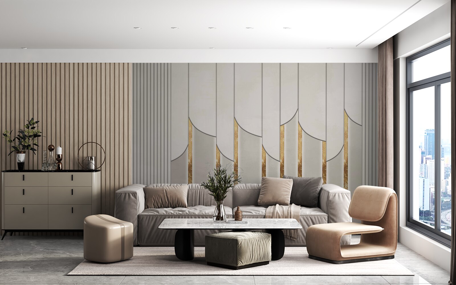 Fototapeta parkiet zdobiony złotem, wykonany z białych i szarych płyt drewnianych