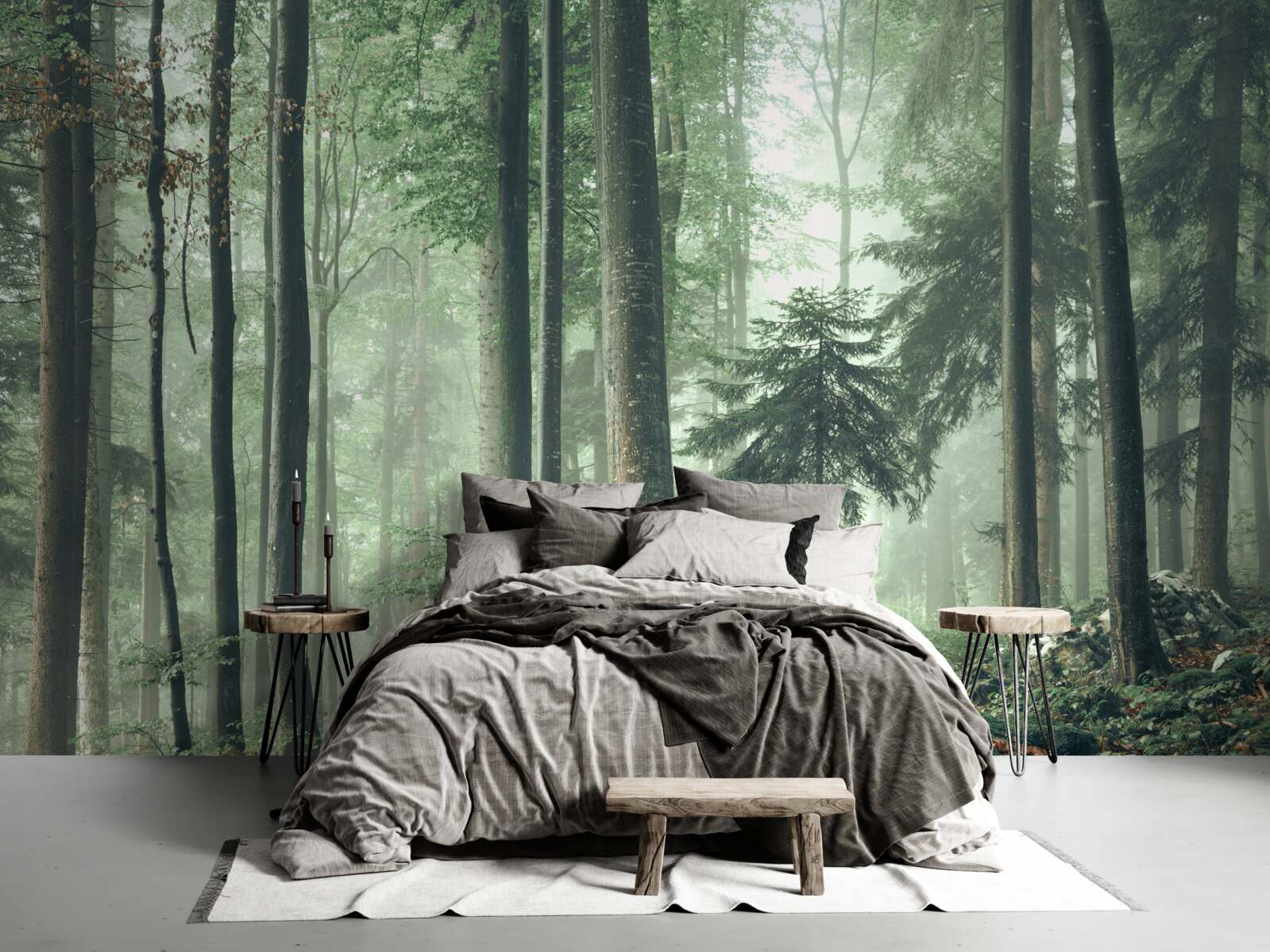 Fototapeta Światło przez mgłę w lesie drzew liściastych