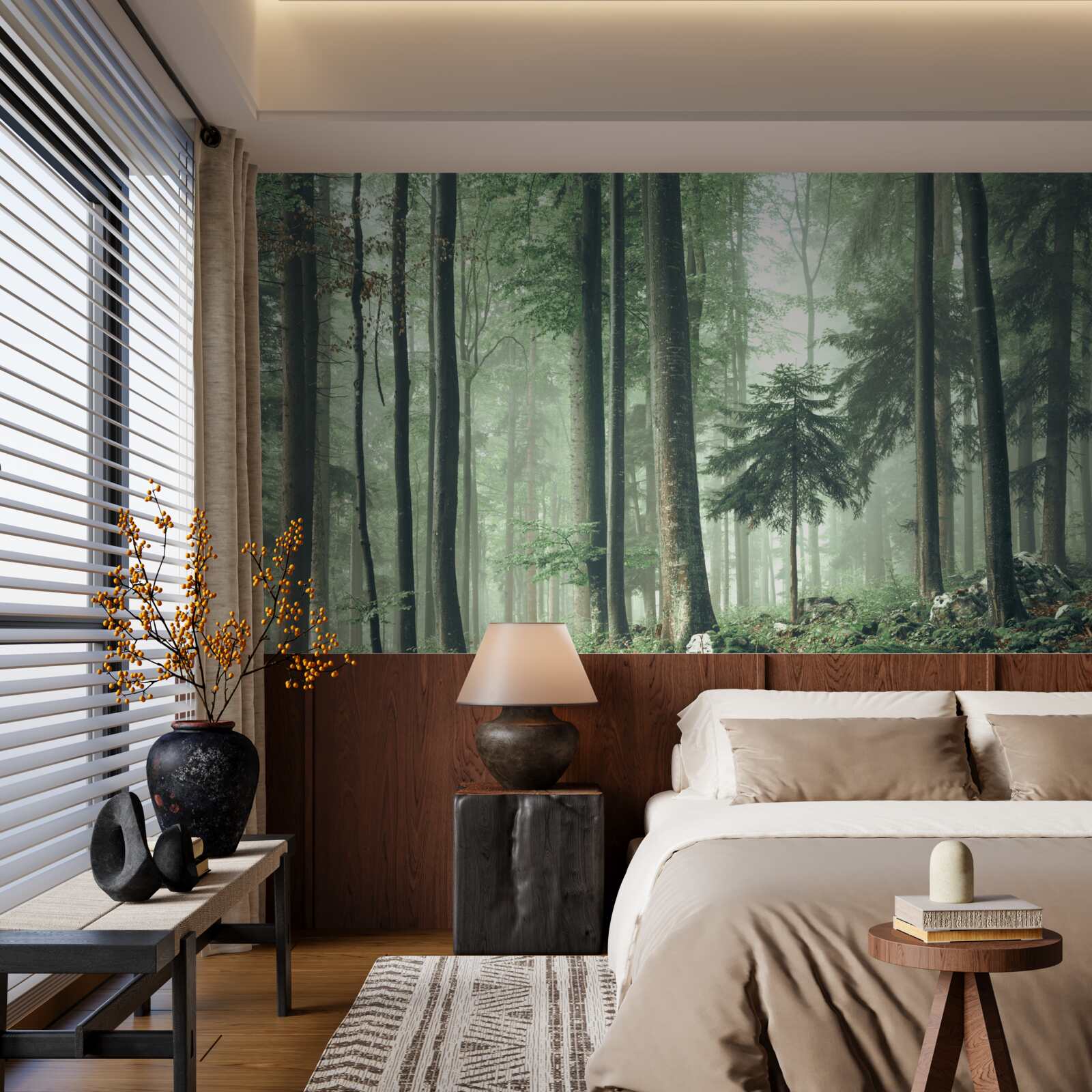 Fototapeta Światło przez mgłę w lesie drzew liściastych