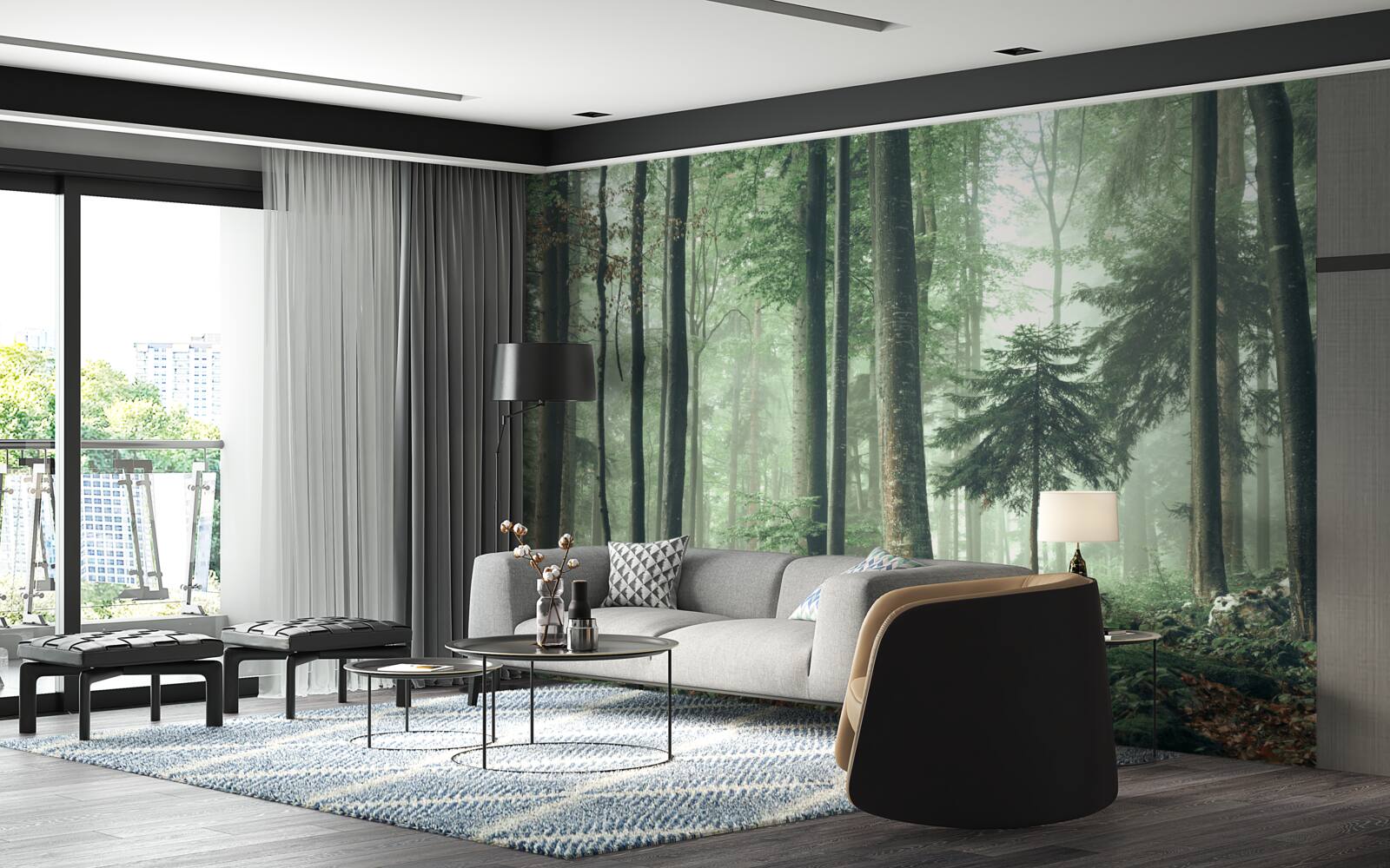 Fototapeta Światło przez mgłę w lesie drzew liściastych