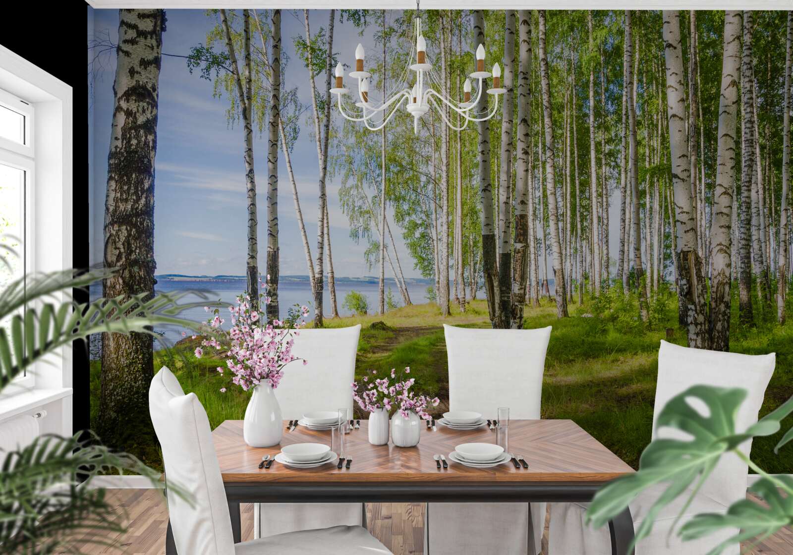 Fototapeta polana z brzozami w pobliżu jeziora, otoczona zielenią