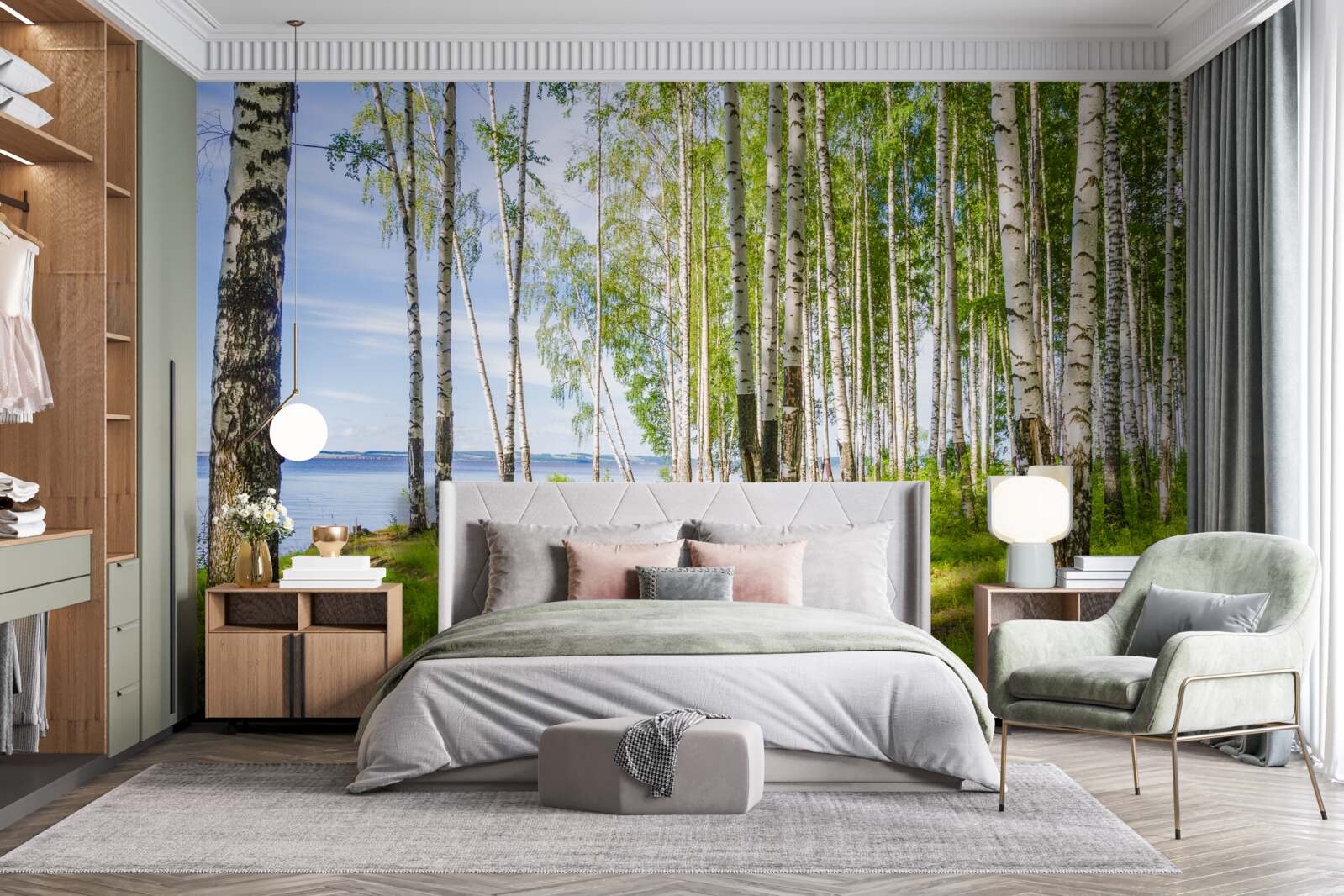 Fototapeta polana z brzozami w pobliżu jeziora, otoczona zielenią