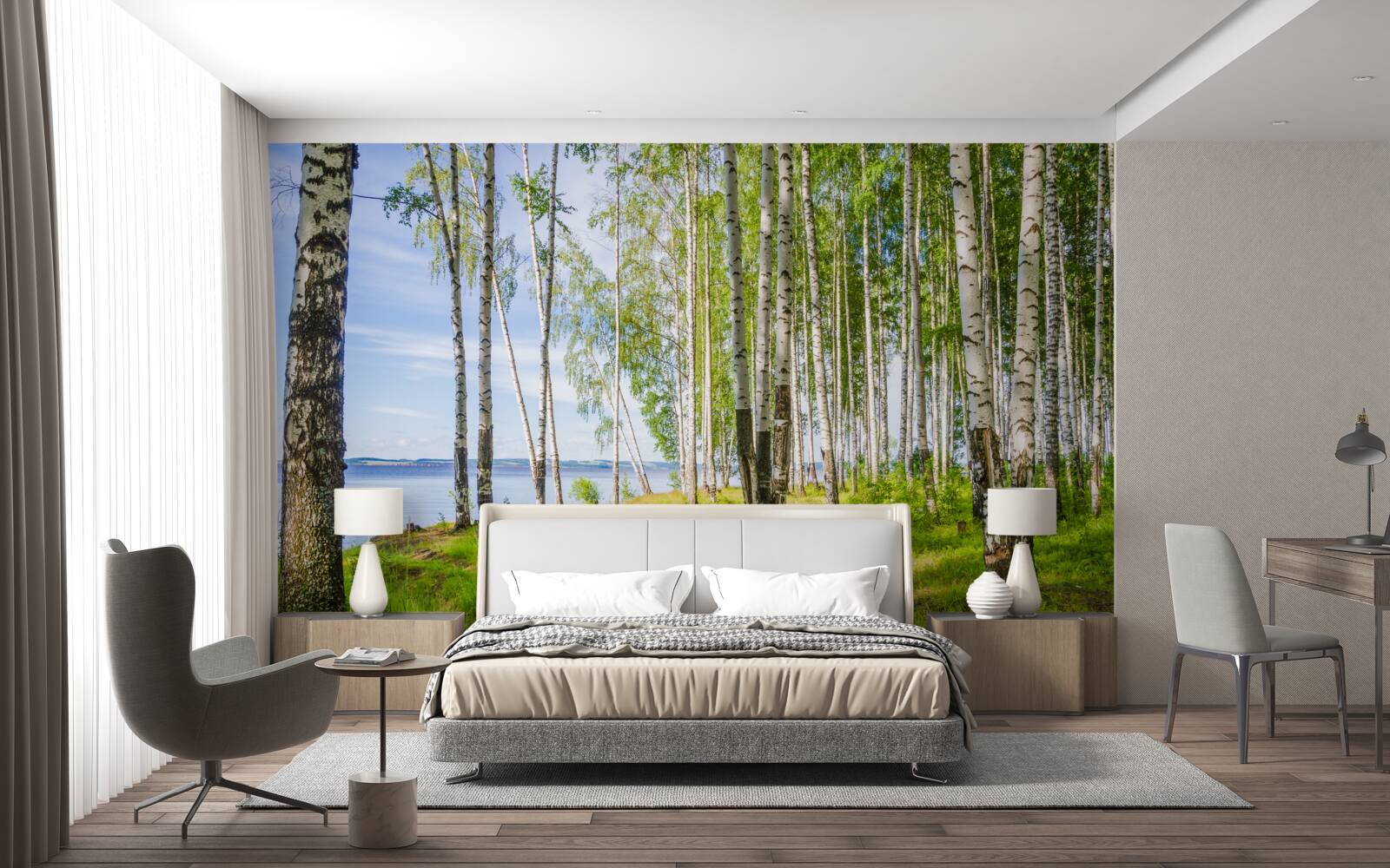 Fototapeta polana z brzozami w pobliżu jeziora, otoczona zielenią