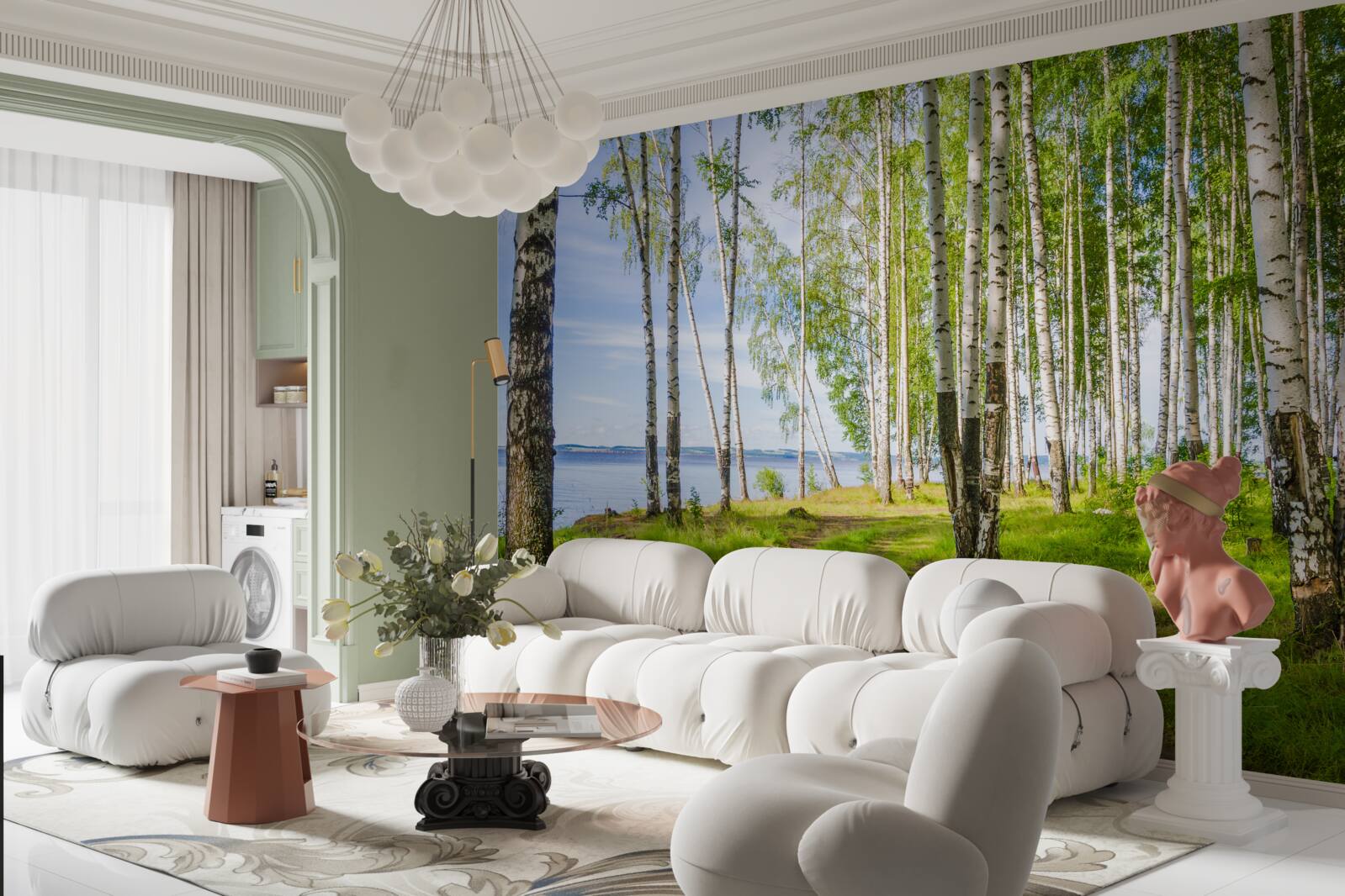 Fototapeta polana z brzozami w pobliżu jeziora, otoczona zielenią