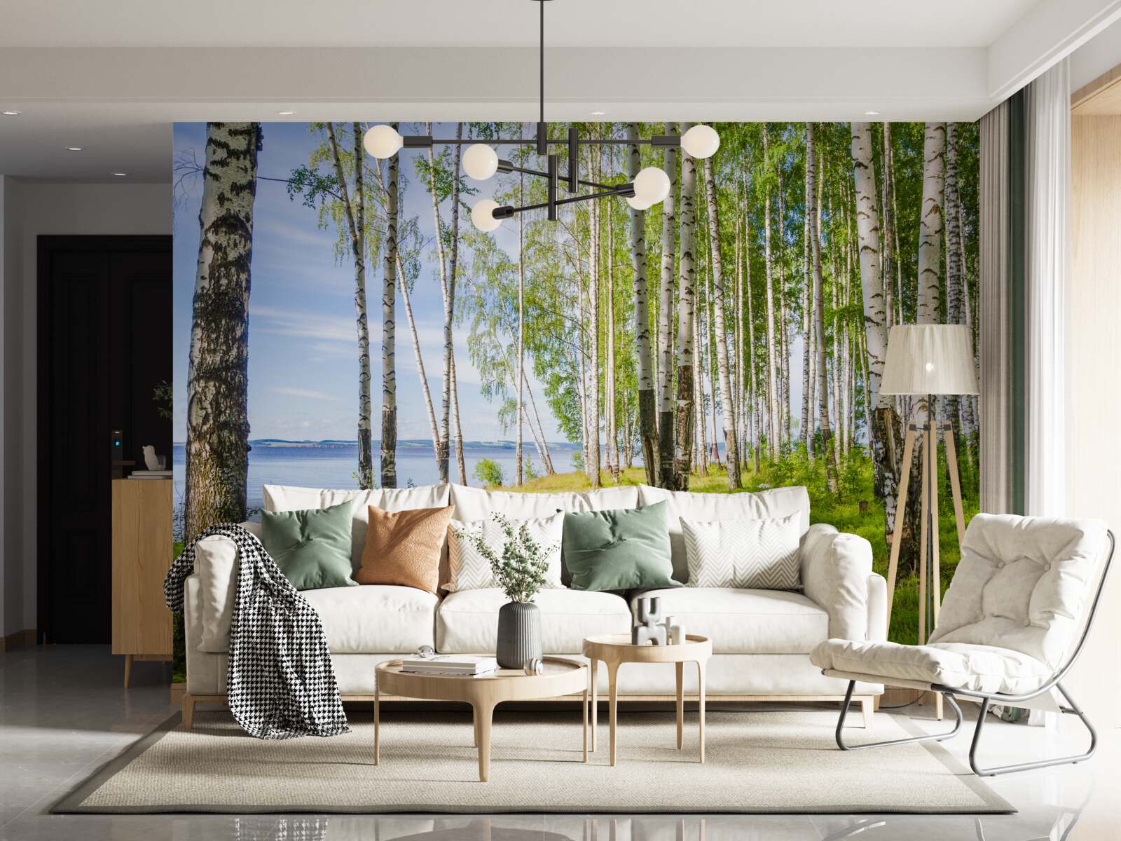 Fototapeta polana z brzozami w pobliżu jeziora, otoczona zielenią