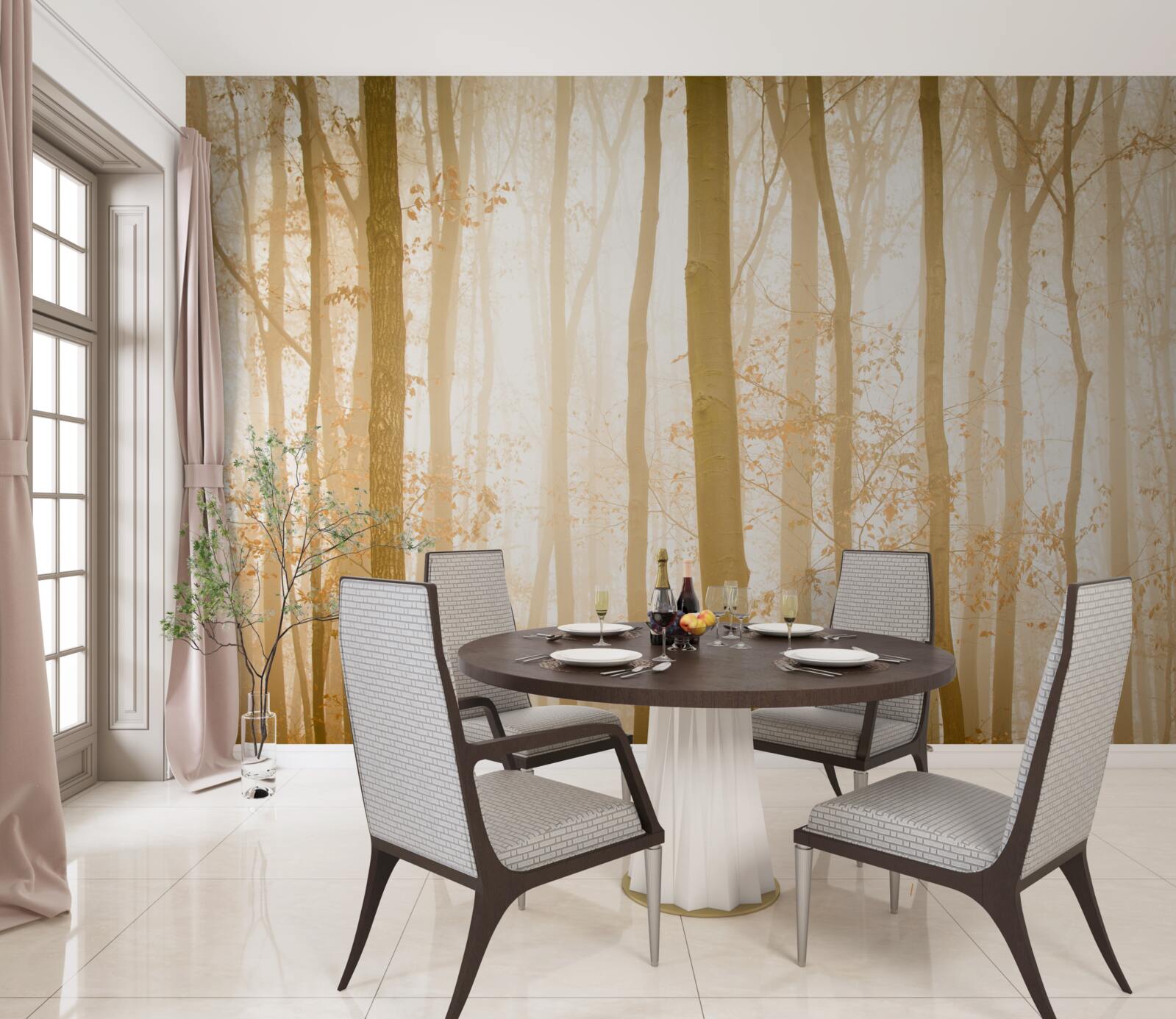 Fototapeta promienie słoneczne przenikają przez mgłę w gęstym lesie