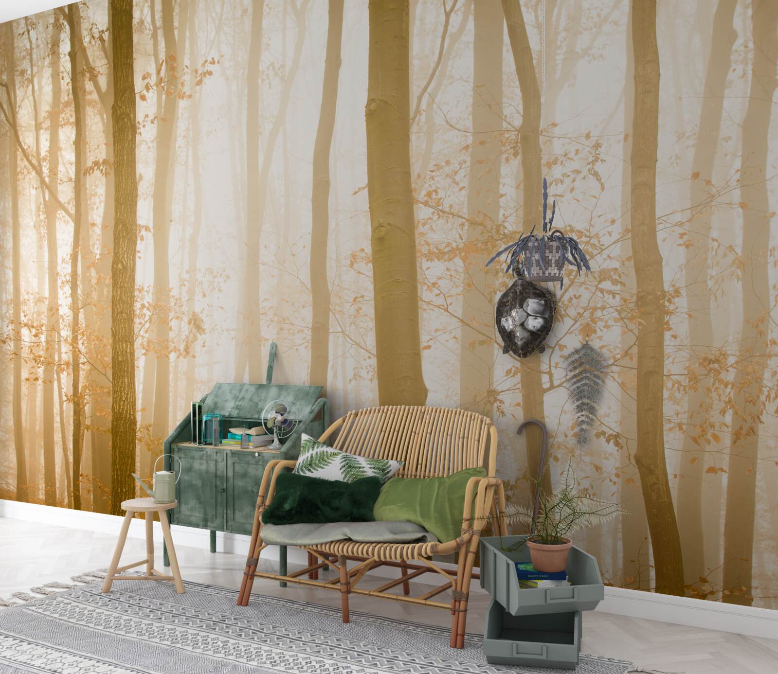 Fototapeta promienie słoneczne przenikają przez mgłę w gęstym lesie