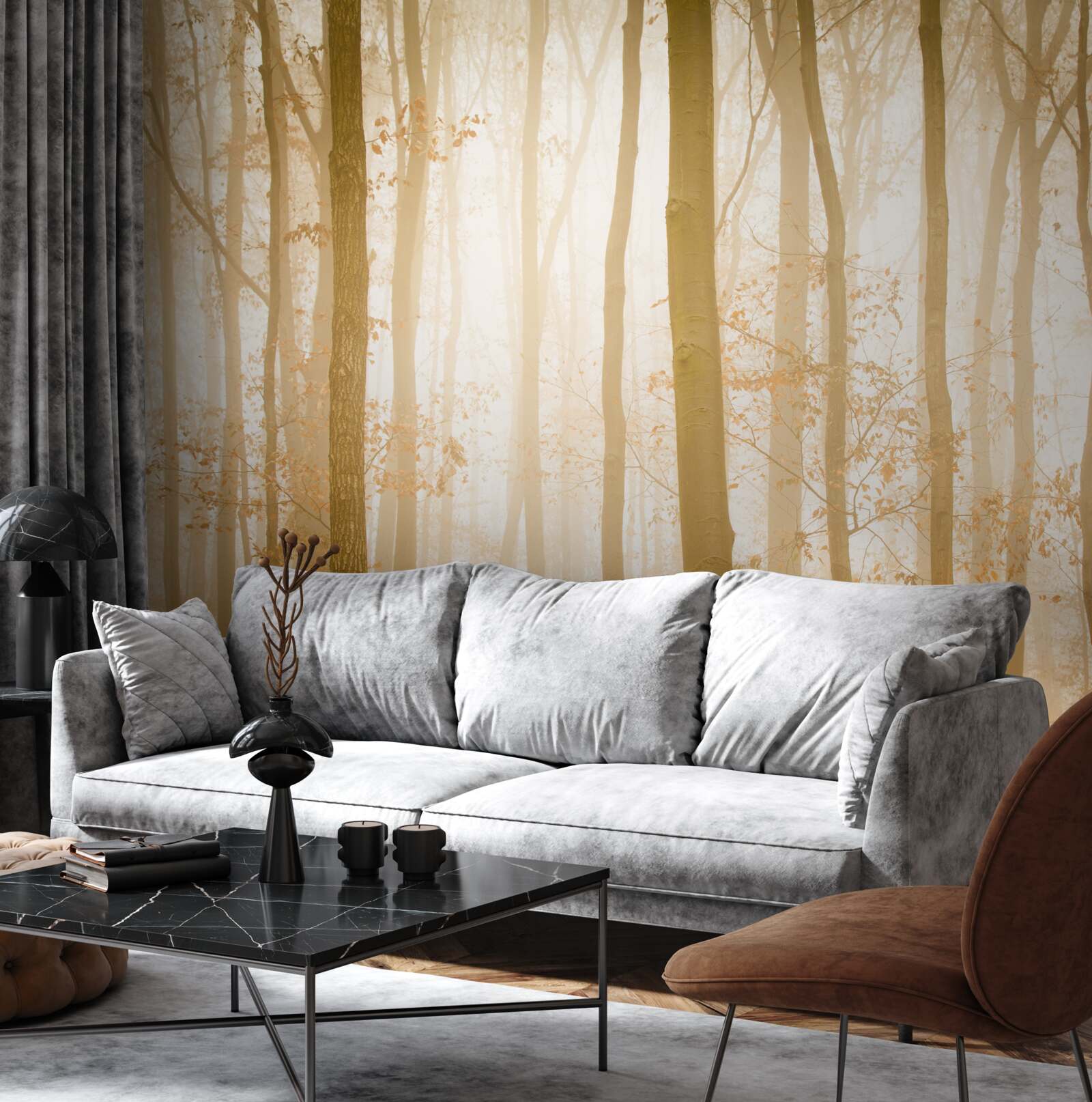 Fototapeta promienie słoneczne przenikają przez mgłę w gęstym lesie