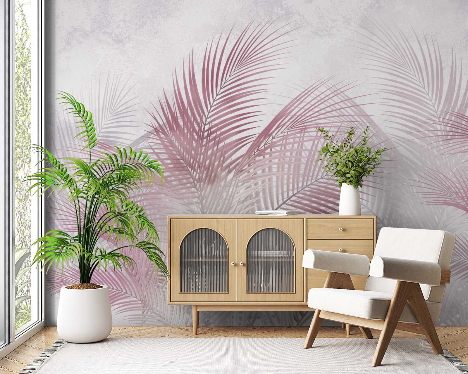 Fototapeta mgliste, różowe liście palm