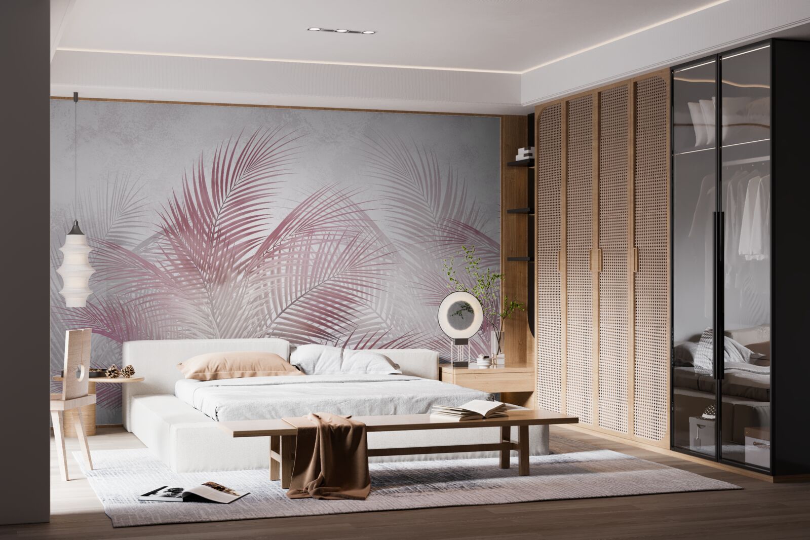 Fototapeta mgliste, różowe liście palm