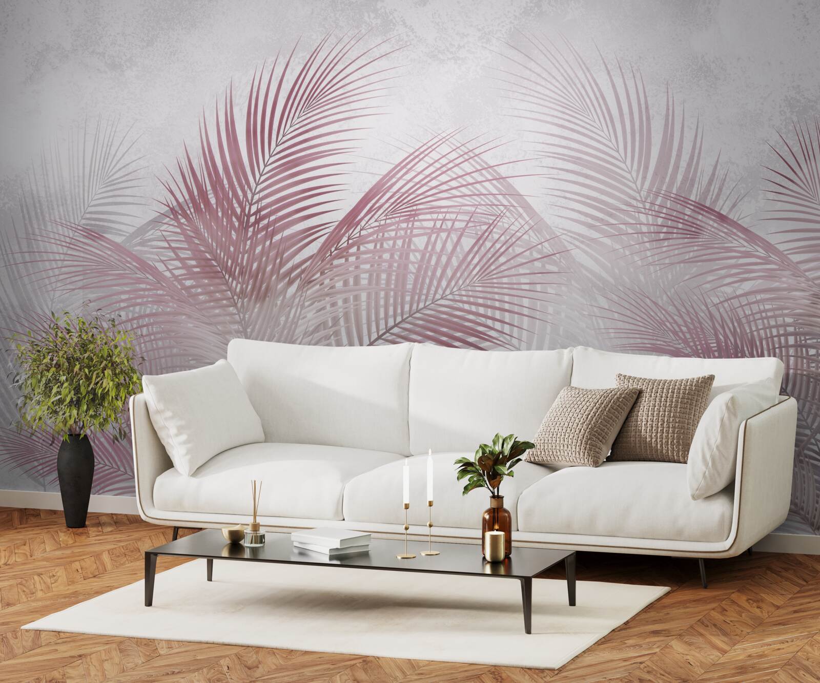 Fototapeta mgliste, różowe liście palm