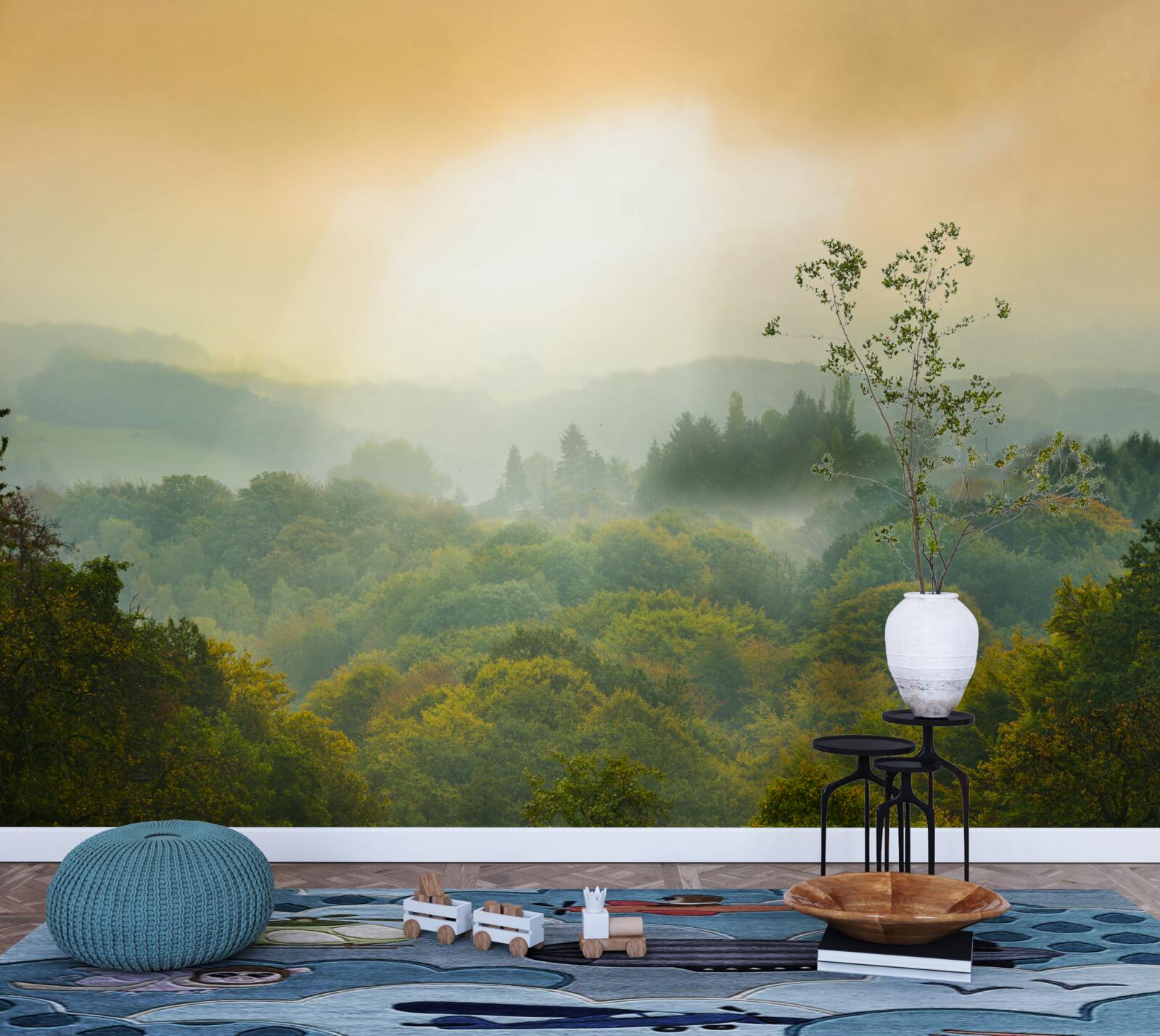 Fototapeta Świt wschodzi nad zadymionym lasem