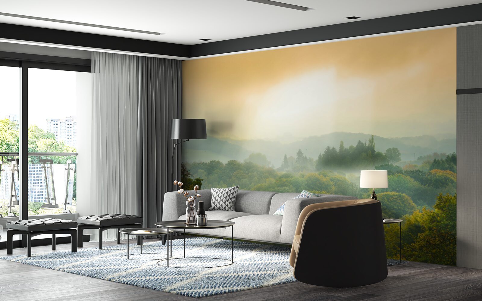 Fototapeta Świt wschodzi nad zadymionym lasem