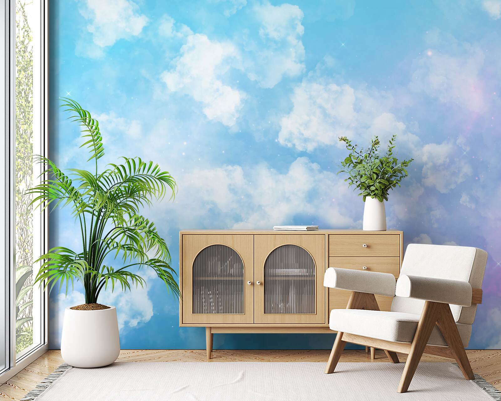 Fototapeta firmament, cieszący oko swoją jasnością i śnieżnobiałymi chmurami