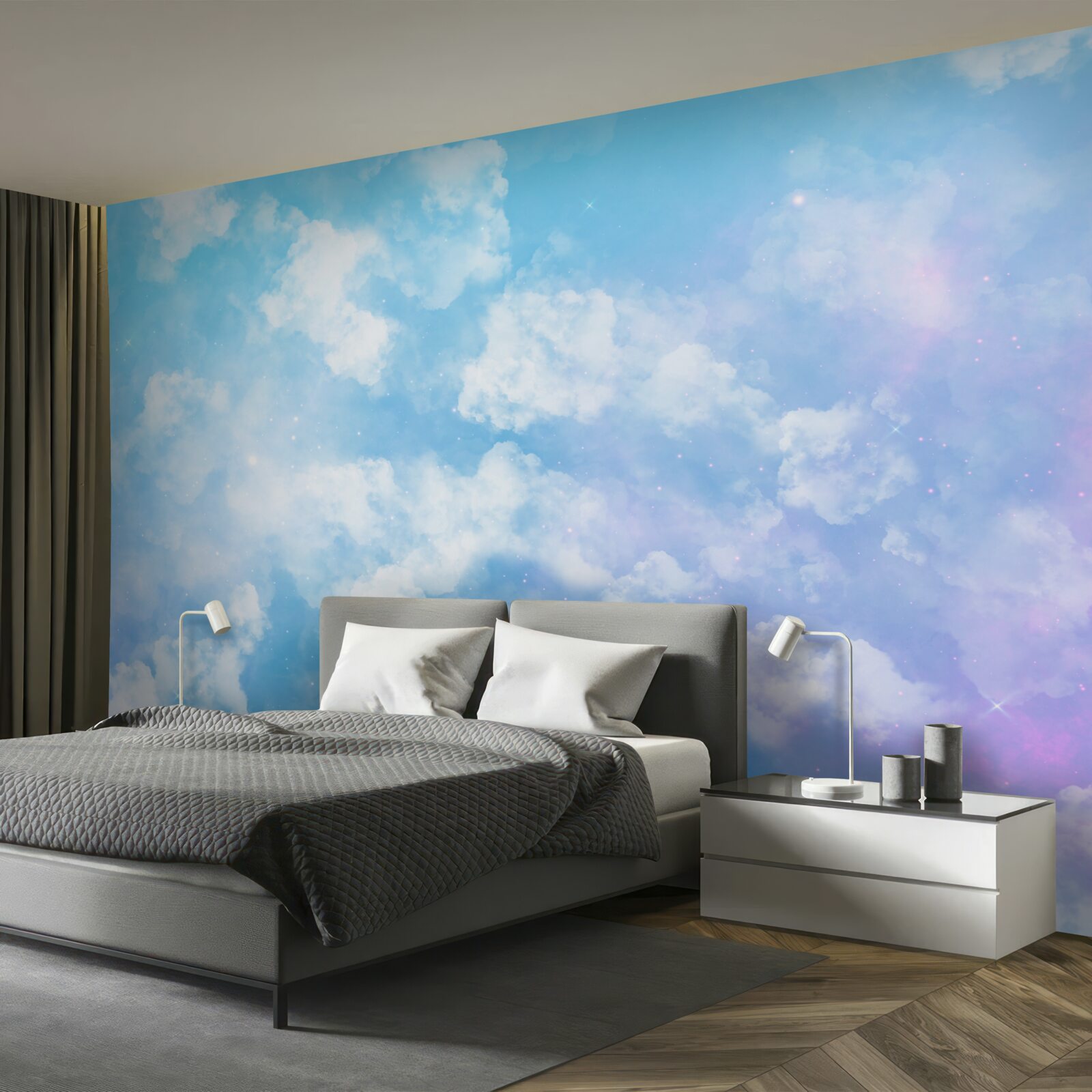 Fototapeta firmament, cieszący oko swoją jasnością i śnieżnobiałymi chmurami