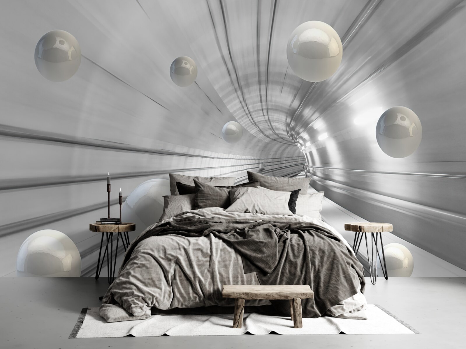 Fototapeta przejście śnieżnobiałych kul zawieszonych w powietrzu