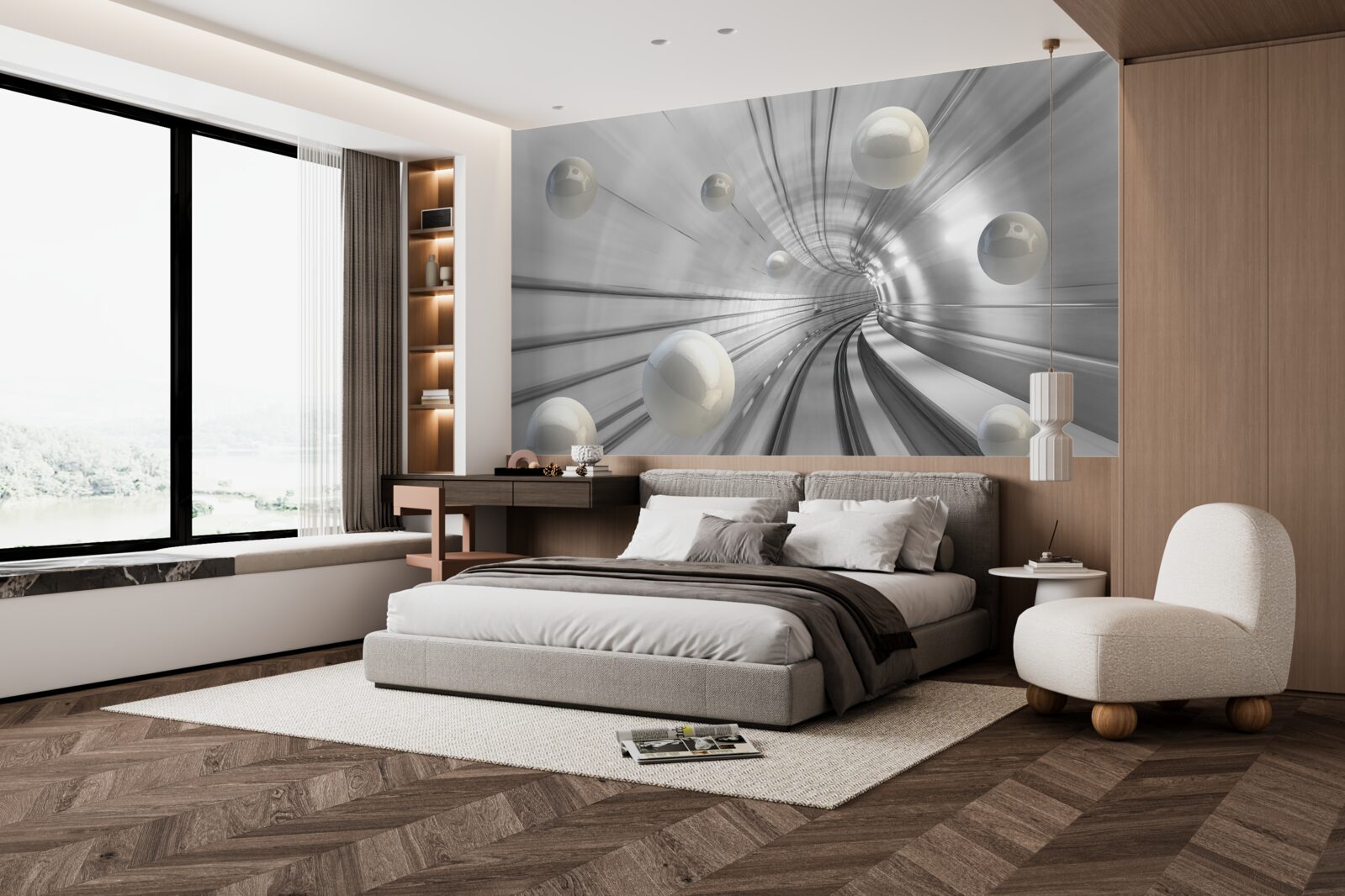 Fototapeta przejście śnieżnobiałych kul zawieszonych w powietrzu