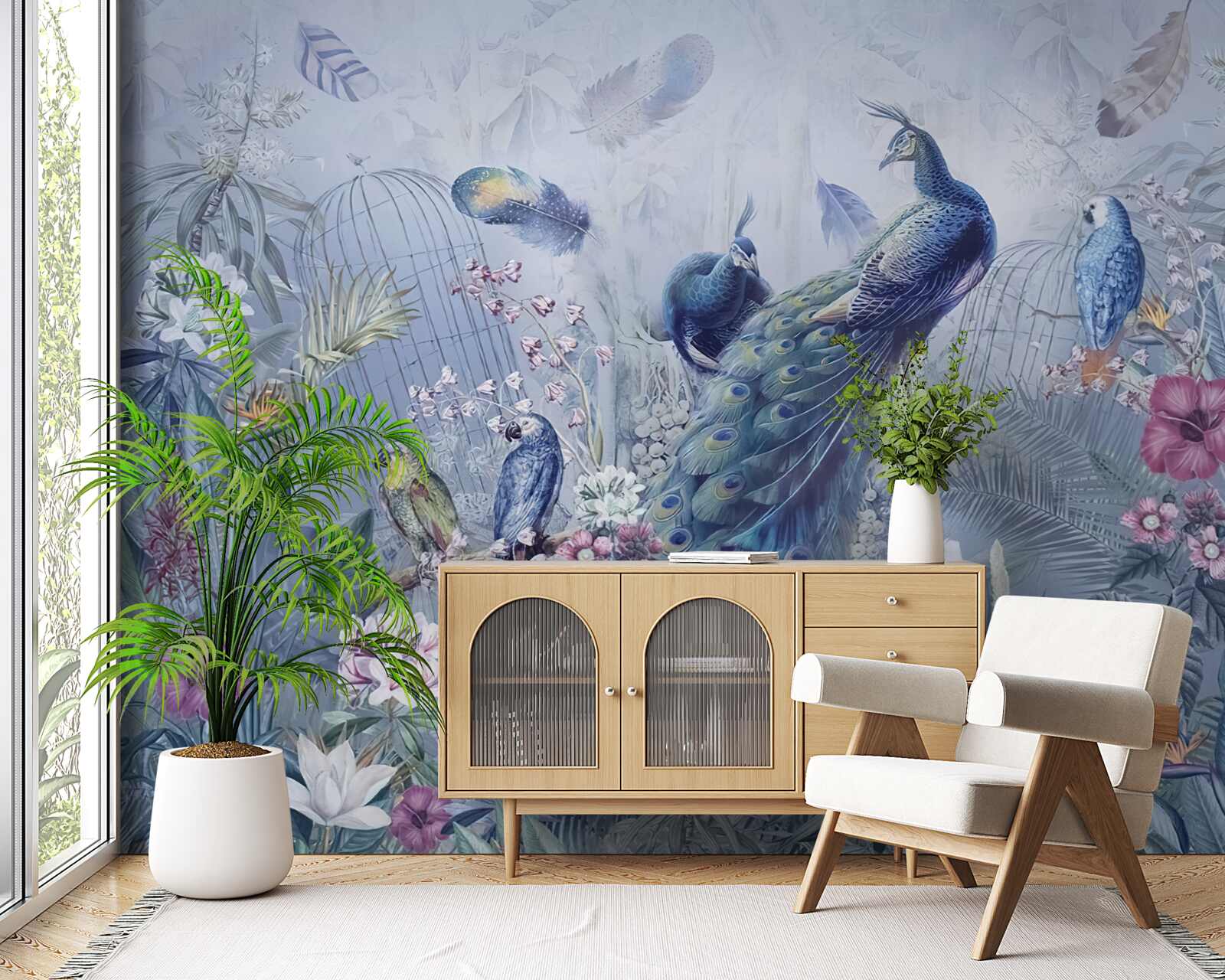 Fototapeta papugi i paw w zamieszaniu kwiatów w ogrodzie