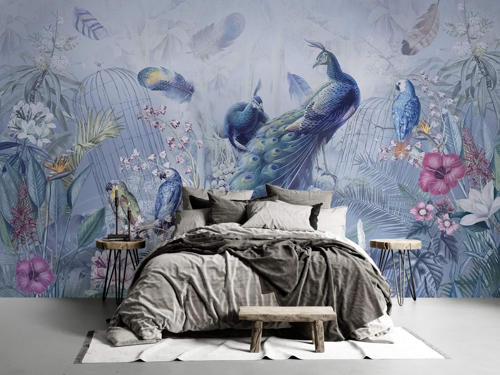 Fototapeta papugi i paw w zamieszaniu kwiatów w ogrodzie