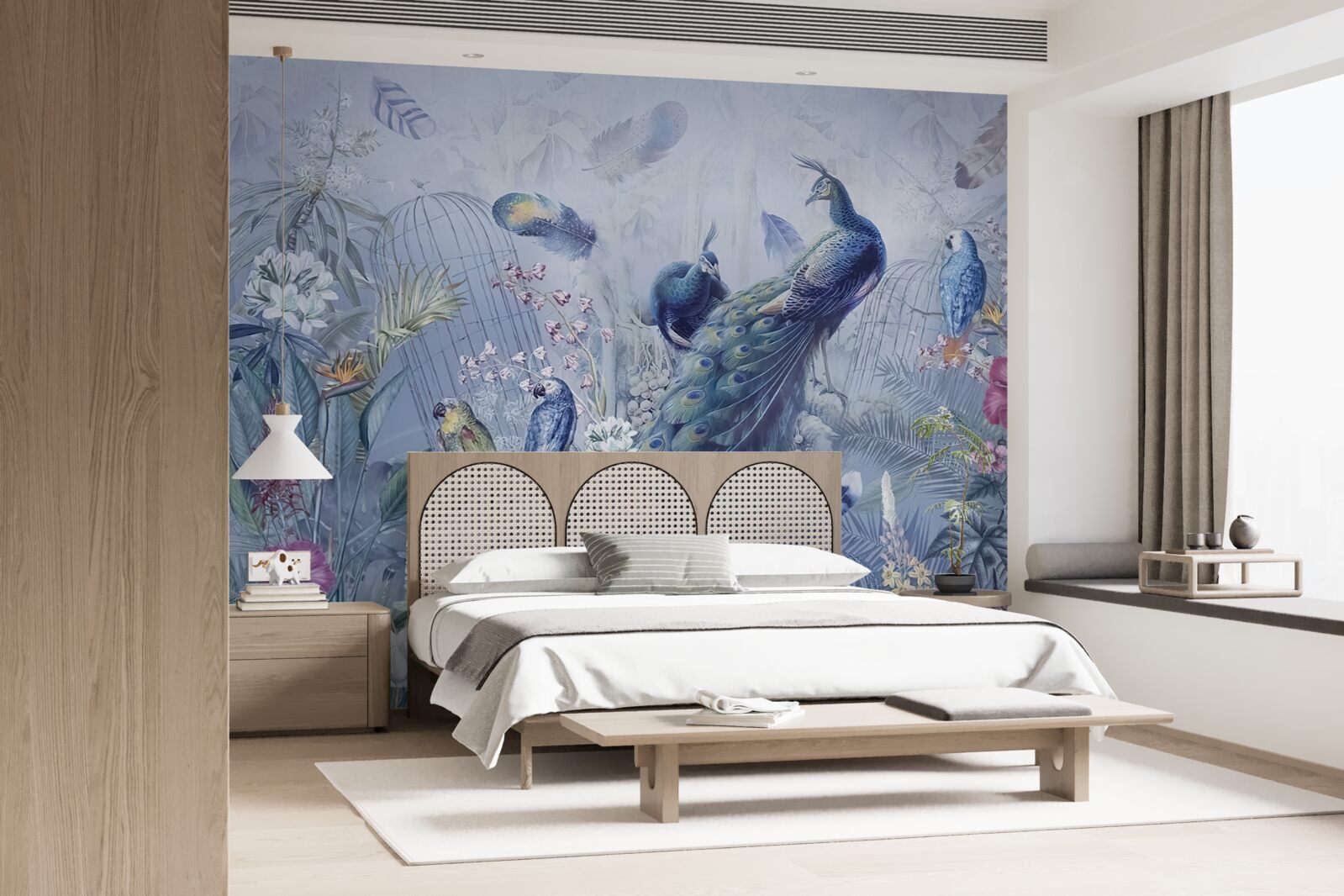 Fototapeta papugi i paw w zamieszaniu kwiatów w ogrodzie