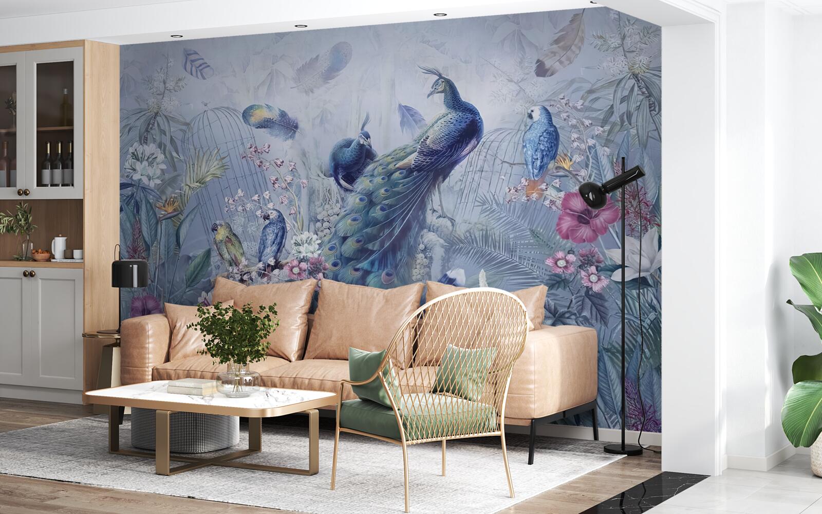 Fototapeta papugi i paw w zamieszaniu kwiatów w ogrodzie