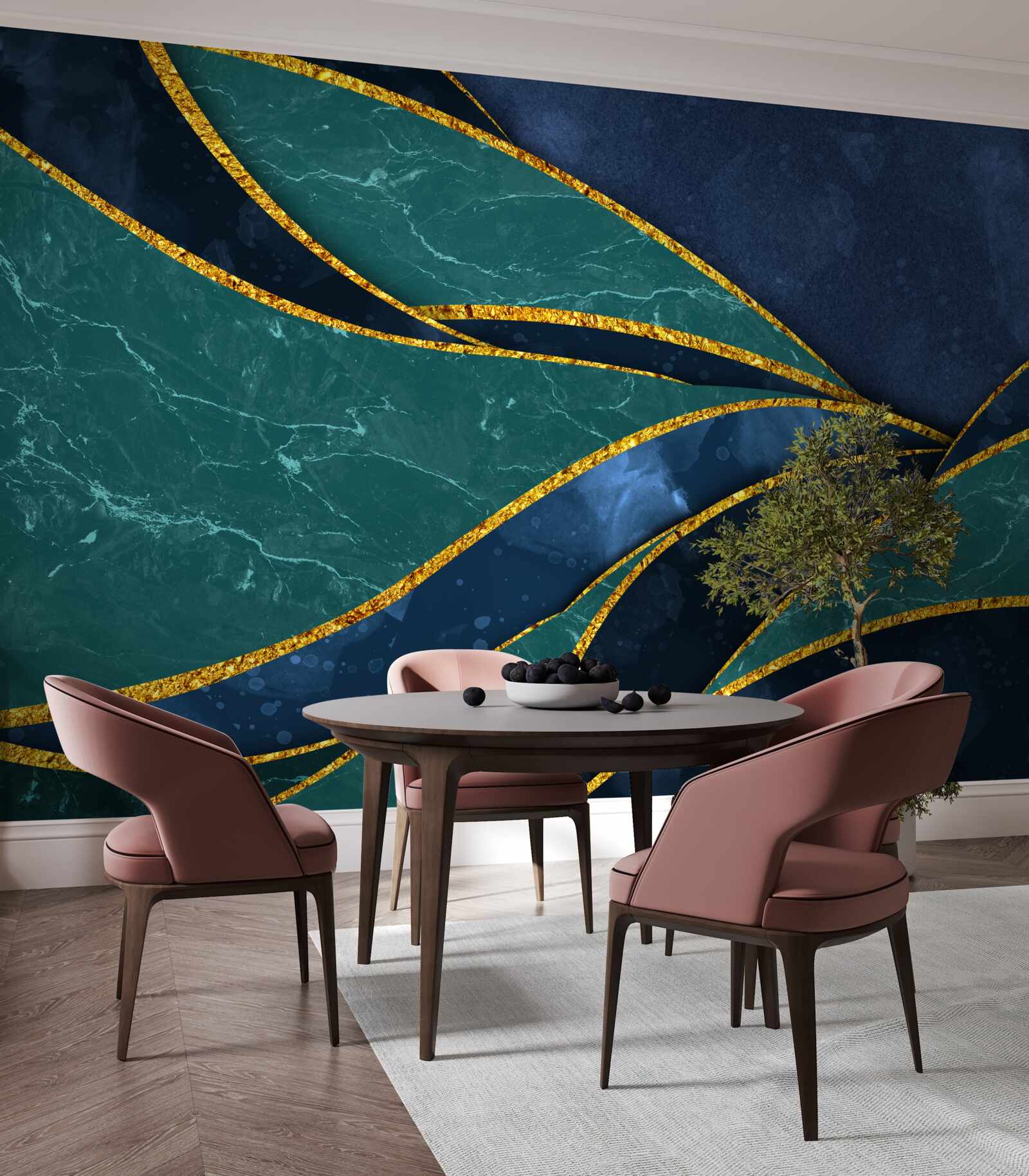 Fototapeta szmaragdowe linie z wdziękiem zakrzywione na niebieskim tle