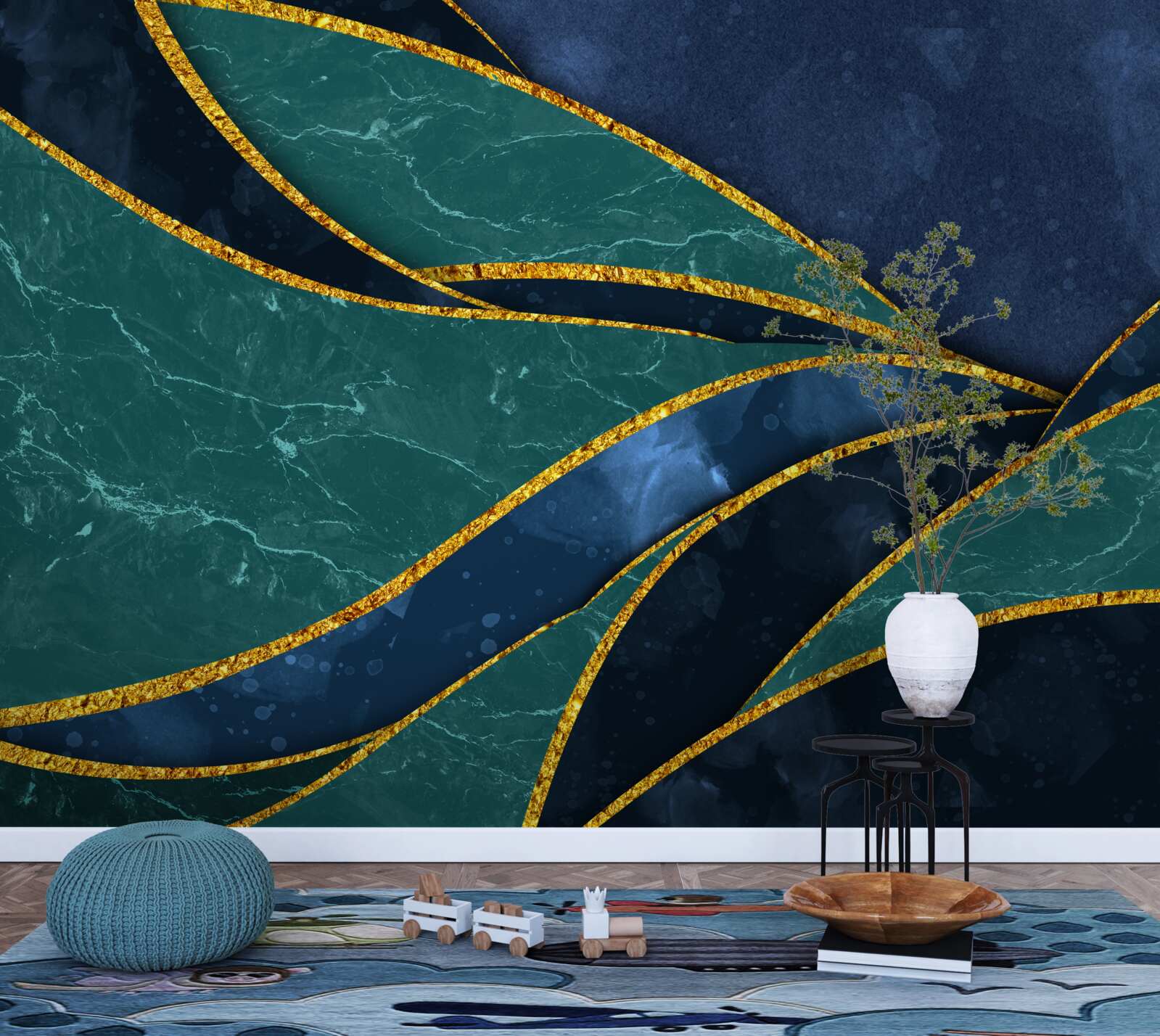 Fototapeta szmaragdowe linie z wdziękiem zakrzywione na niebieskim tle