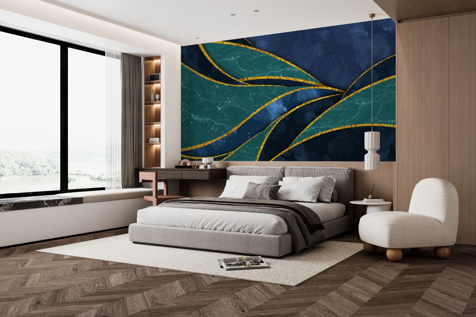 Fototapeta szmaragdowe linie z wdziękiem zakrzywione na niebieskim tle