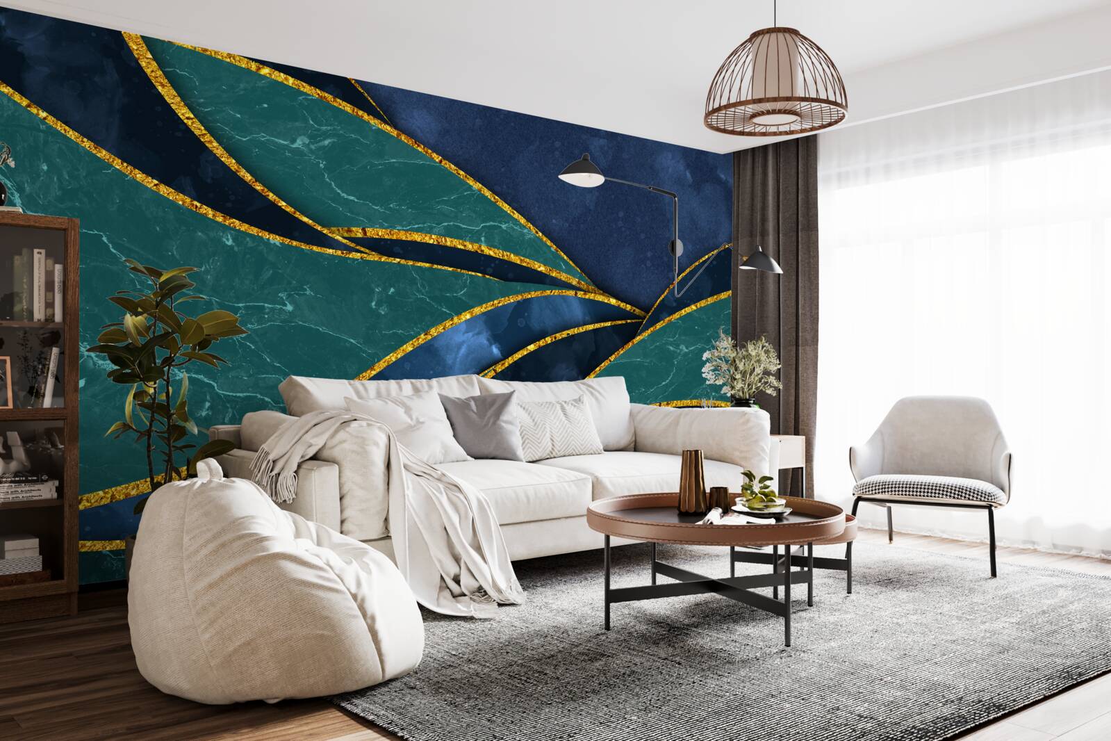 Fototapeta szmaragdowe linie z wdziękiem zakrzywione na niebieskim tle