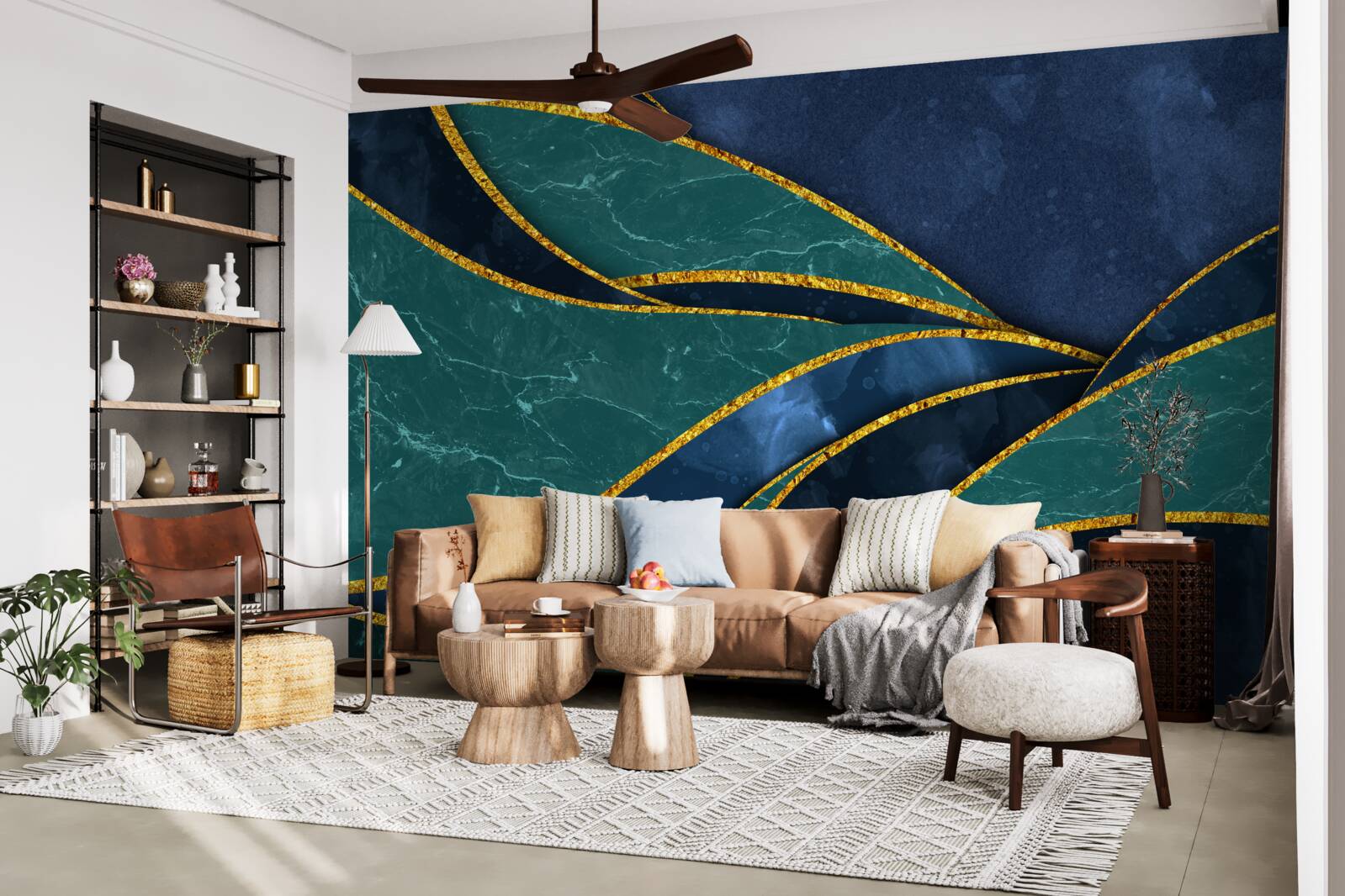 Fototapeta szmaragdowe linie z wdziękiem zakrzywione na niebieskim tle